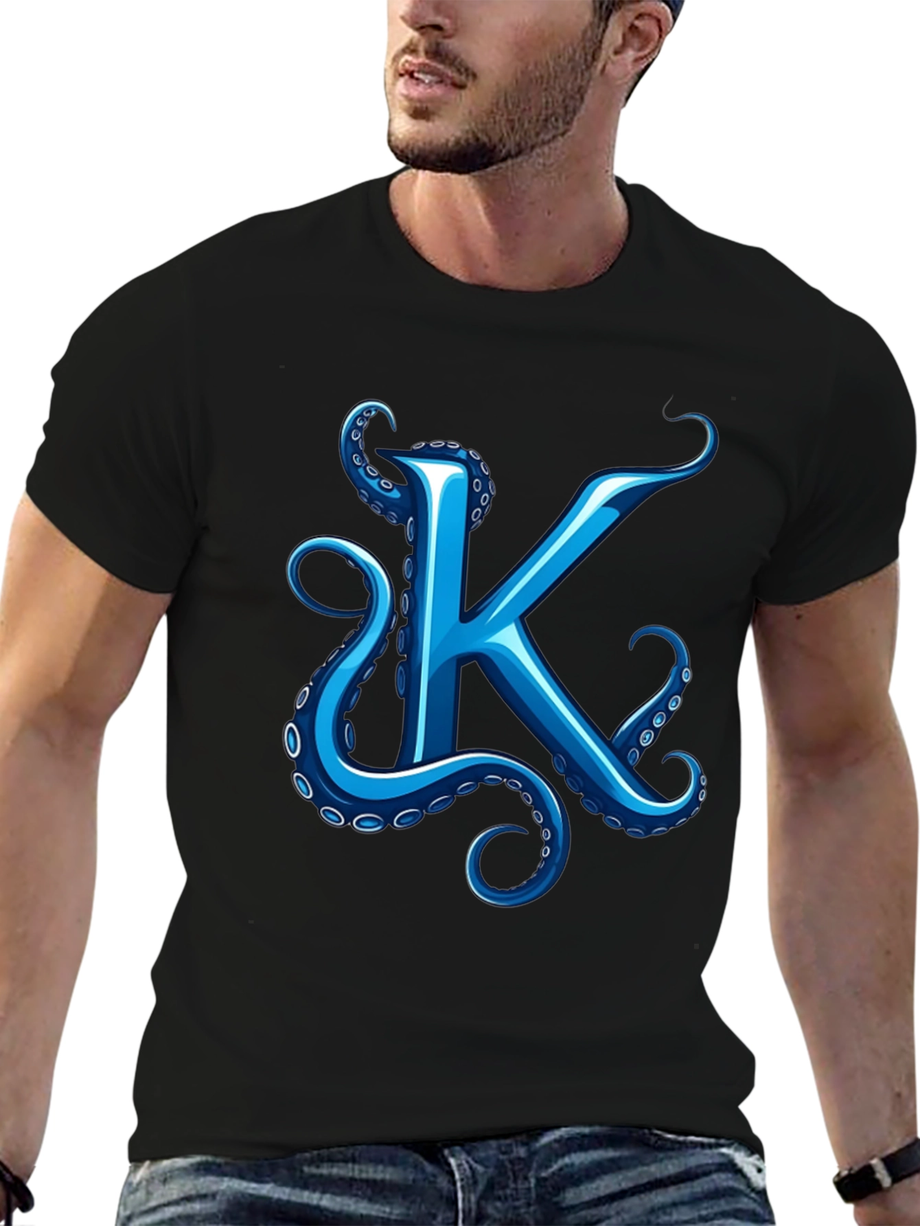 Octopus K Letter Graphic Black T-Shirt
