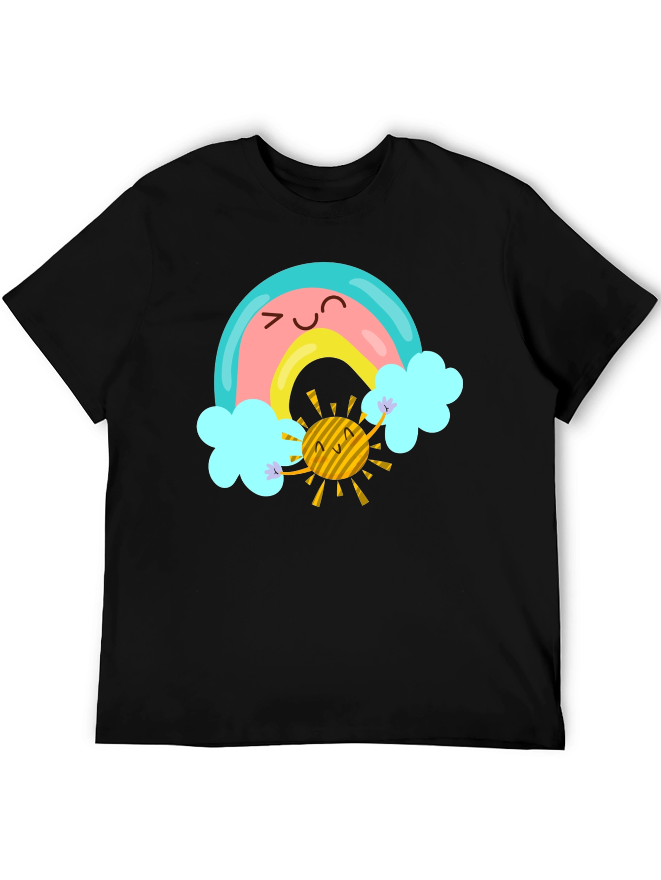 Cartoon Rainbow & Sun Graphic Black T-Shirt