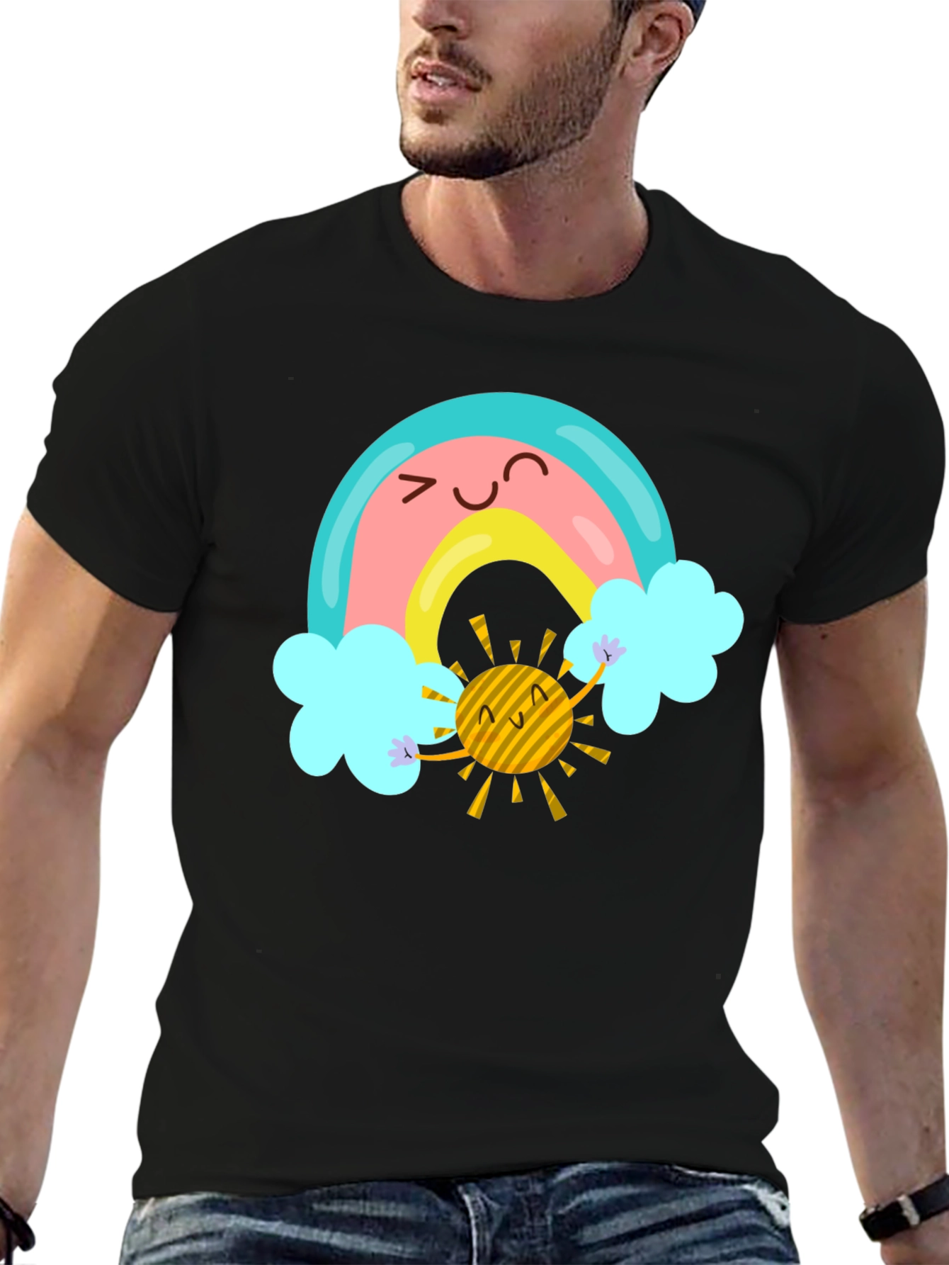 Cartoon Rainbow & Sun Graphic Black T-Shirt