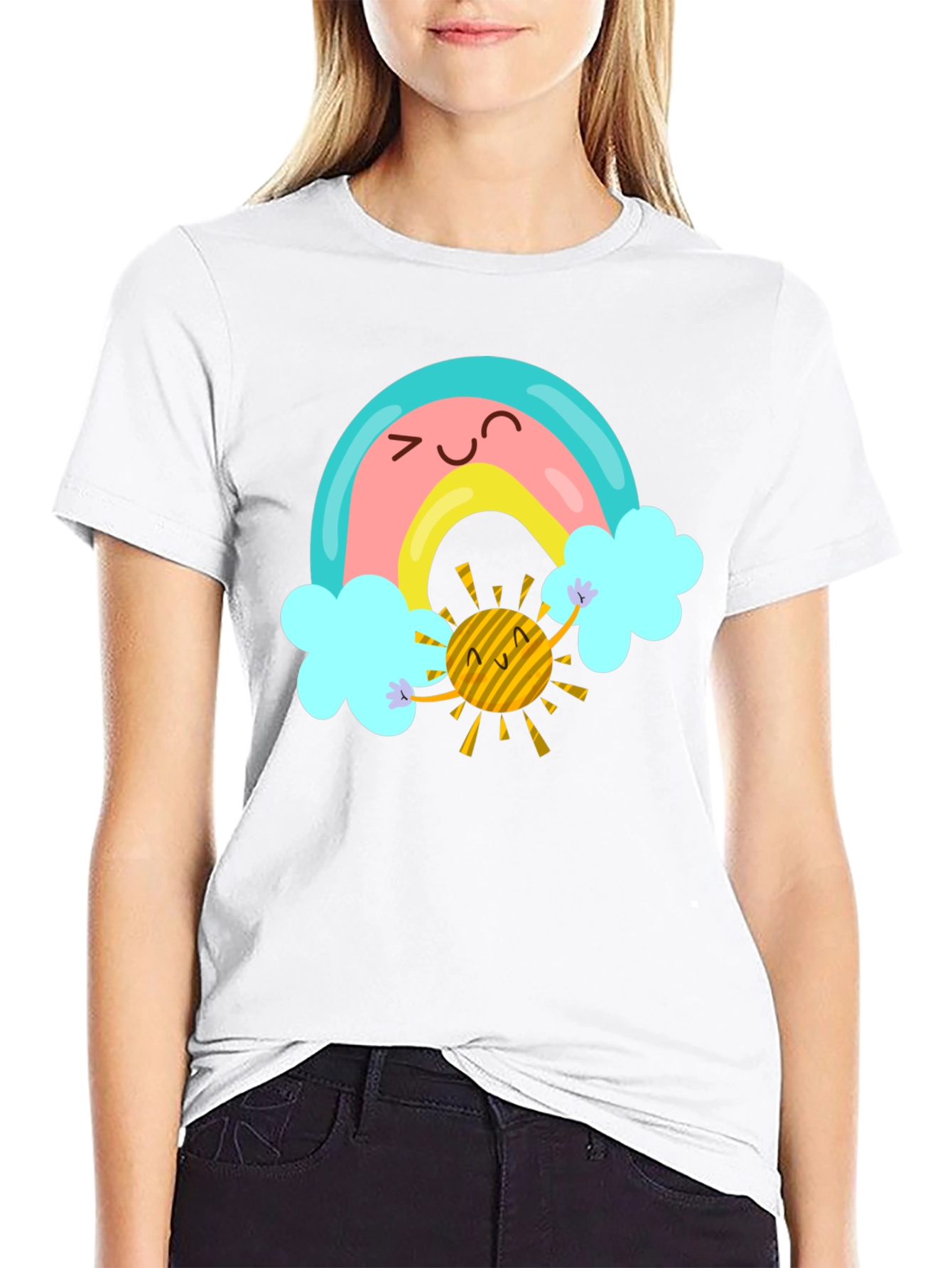 Cartoon Rainbow & Sun Graphic Black T-Shirt