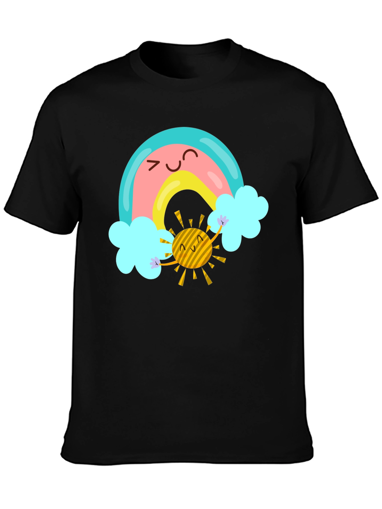 Cartoon Rainbow & Sun Graphic Black T-Shirt
