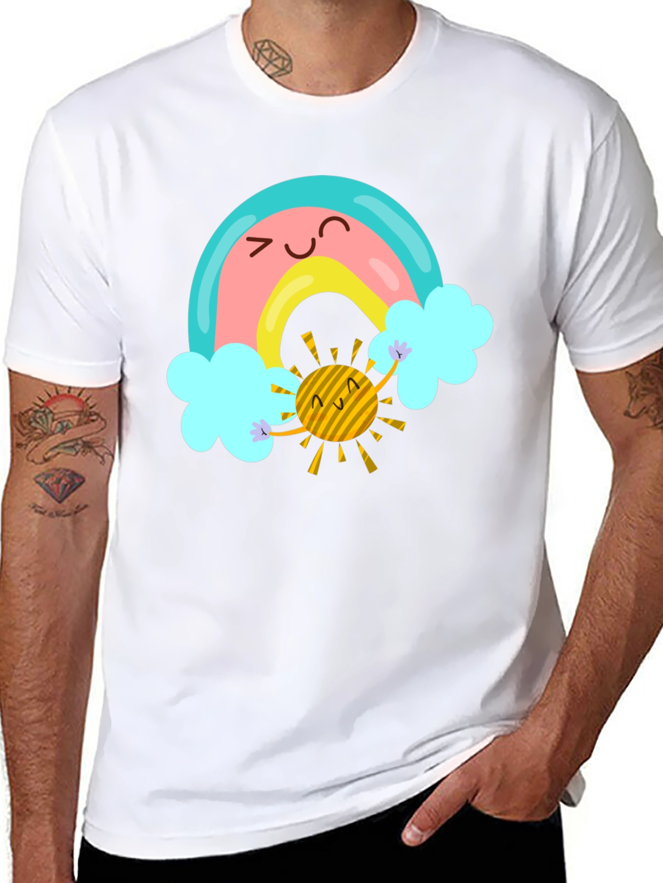 Cartoon Rainbow & Sun Graphic Black T-Shirt