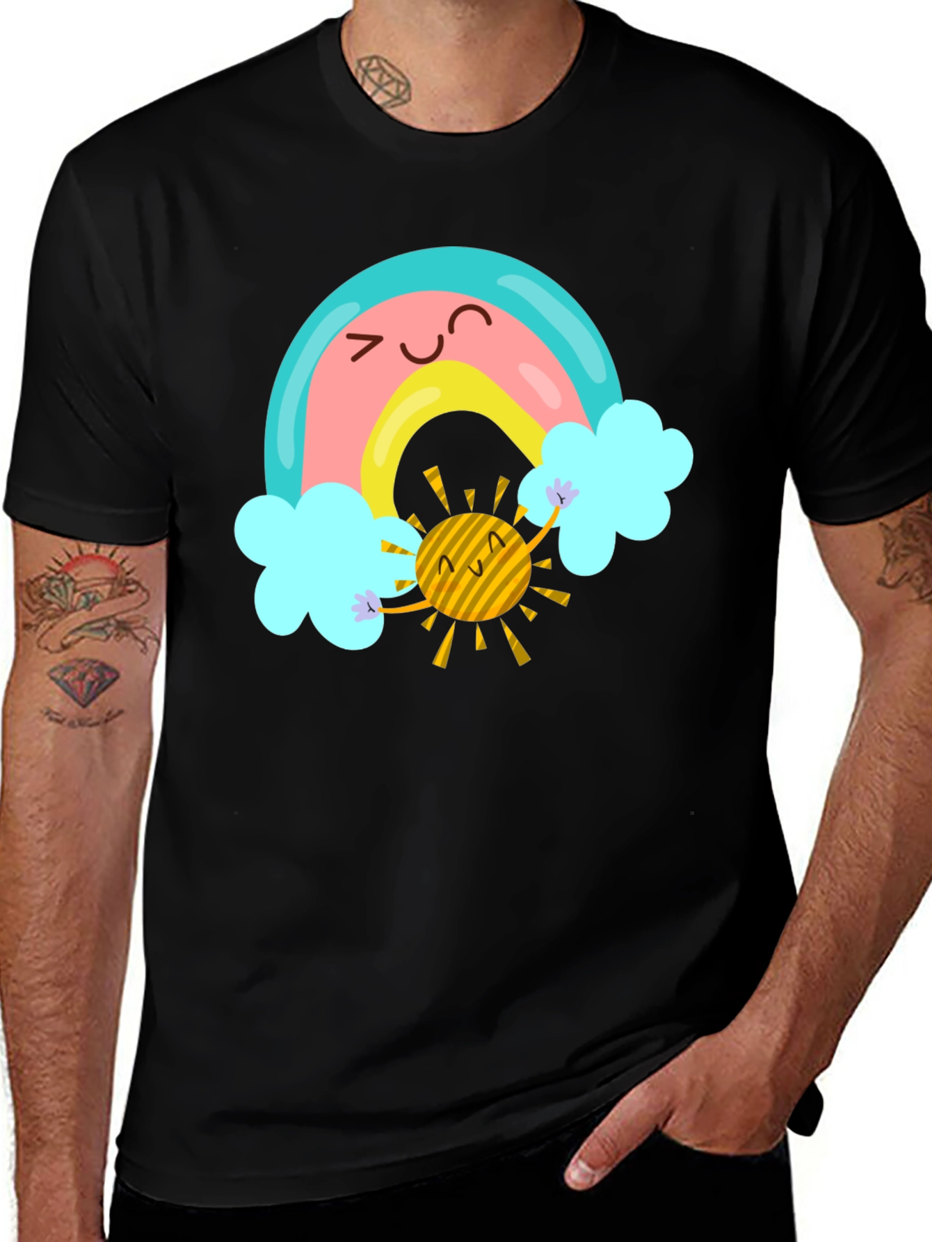 Cartoon Rainbow & Sun Graphic Black T-Shirt