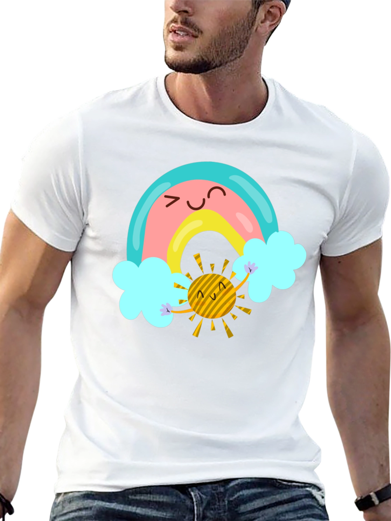 Cartoon Rainbow & Sun Graphic Black T-Shirt