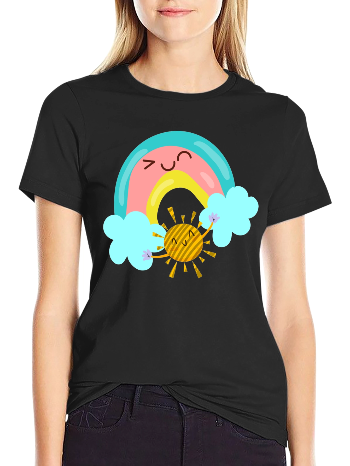 Cartoon Rainbow & Sun Graphic Black T-Shirt