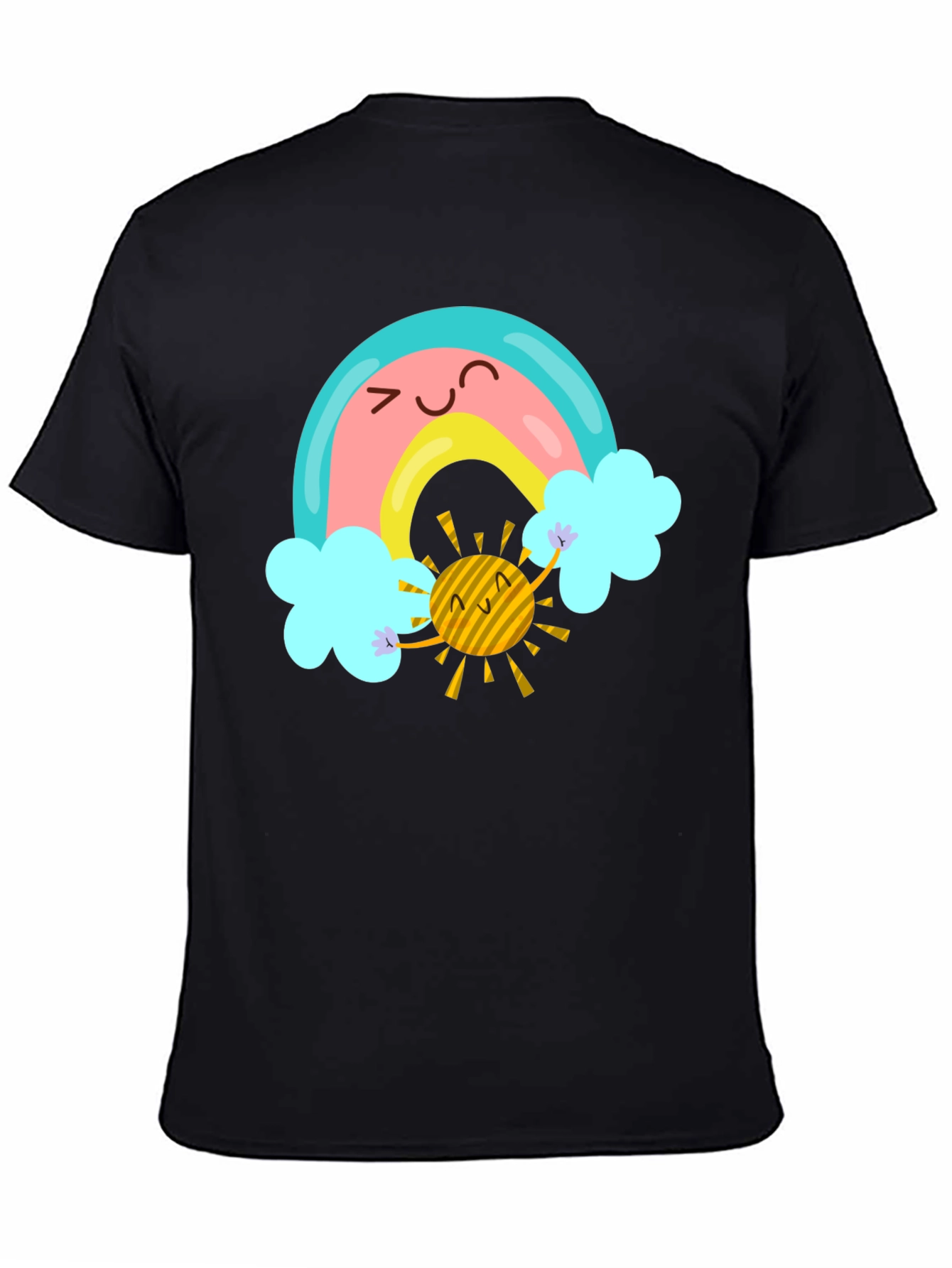 Cartoon Rainbow & Sun Graphic Black T-Shirt