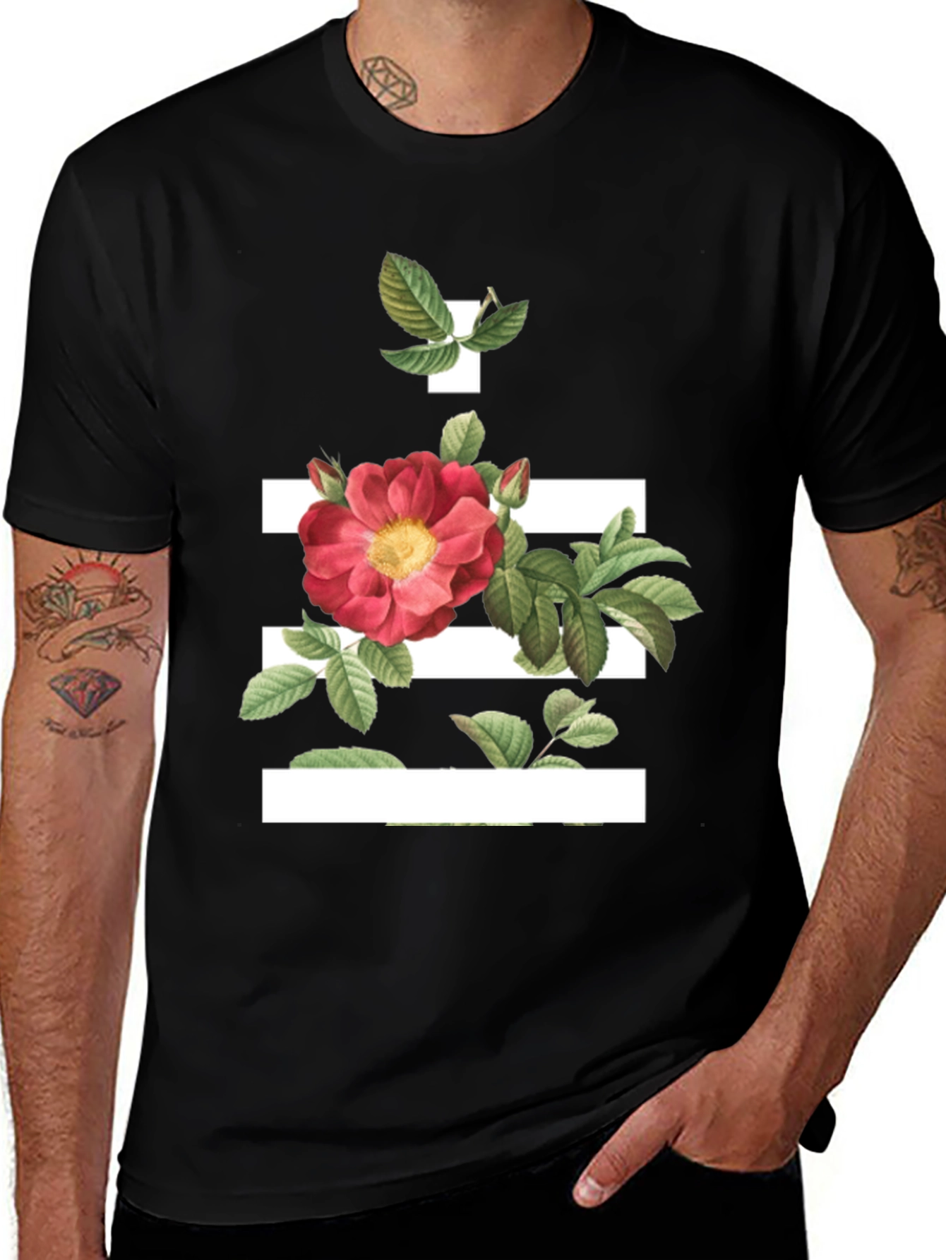 Floral Stripe Graphic Tee - Modern Botanical Design
