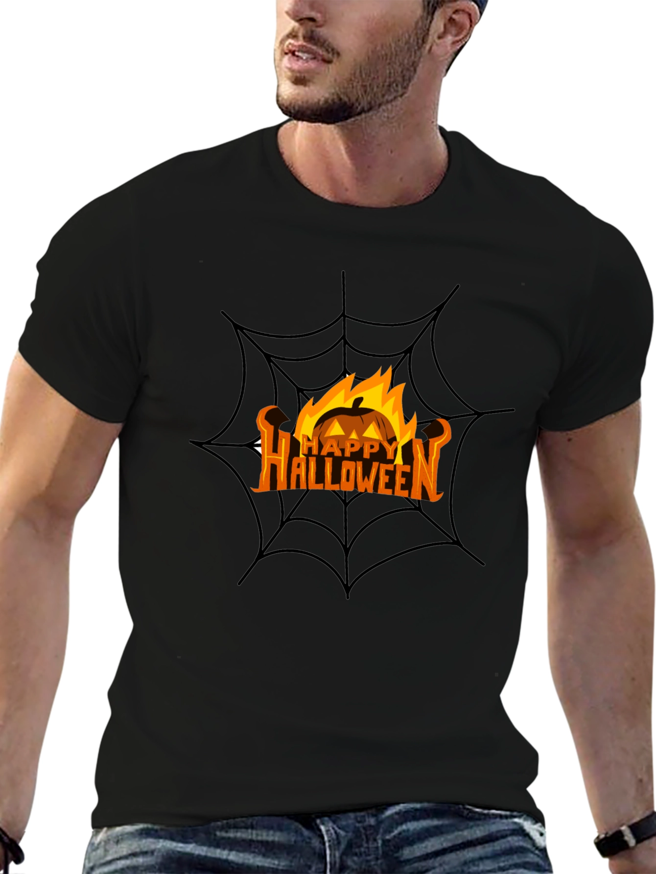 Happy Halloween Pumpkin Spiderweb Black T-Shirt