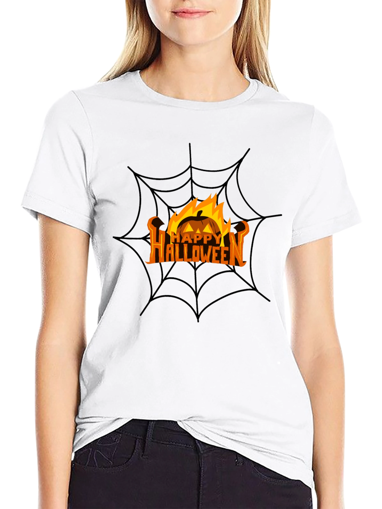 Happy Halloween Pumpkin Spiderweb Black T-Shirt