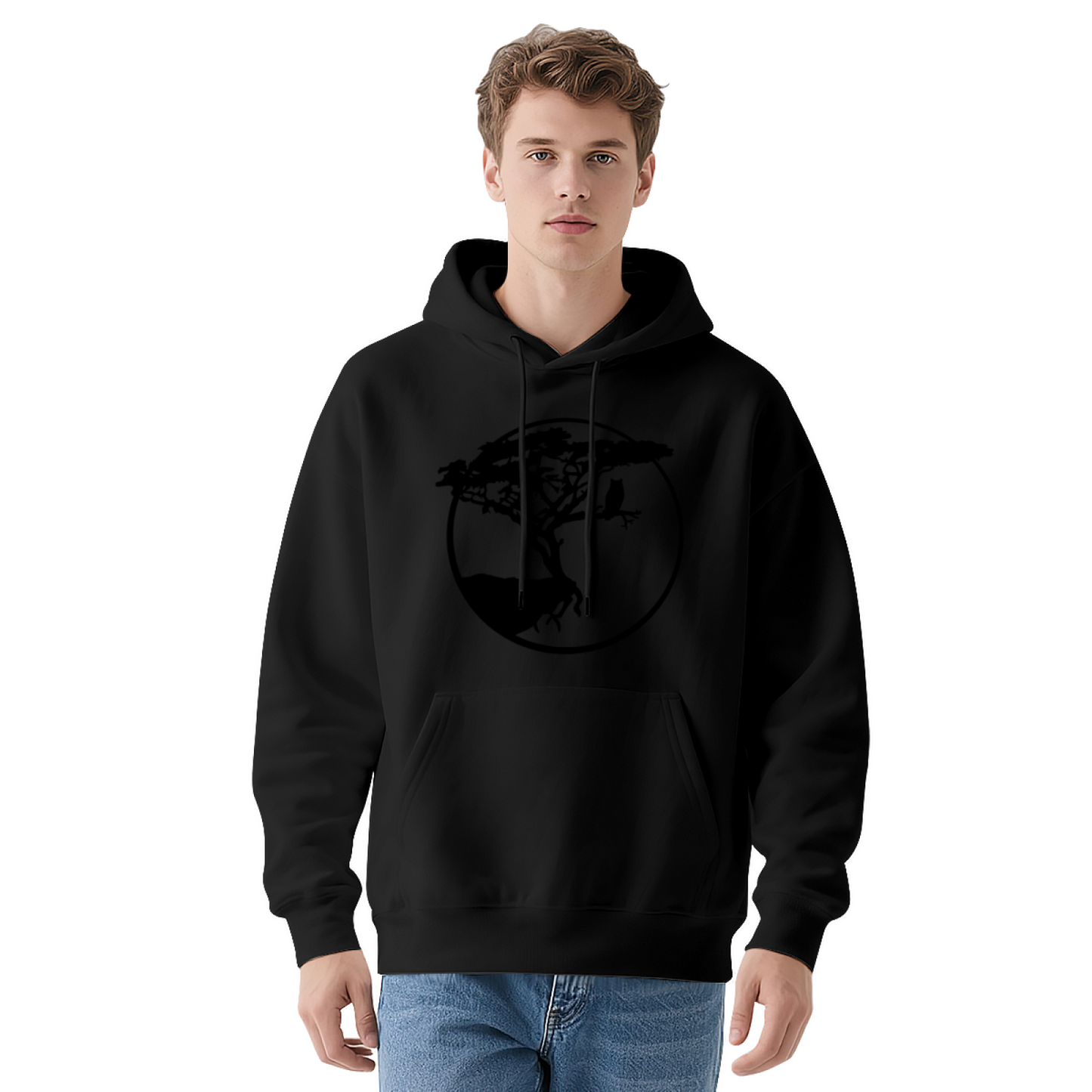 Wild Tree & Owl Circle Silhouette White Hoodie, Relaxed Nature Comfort Hoodie