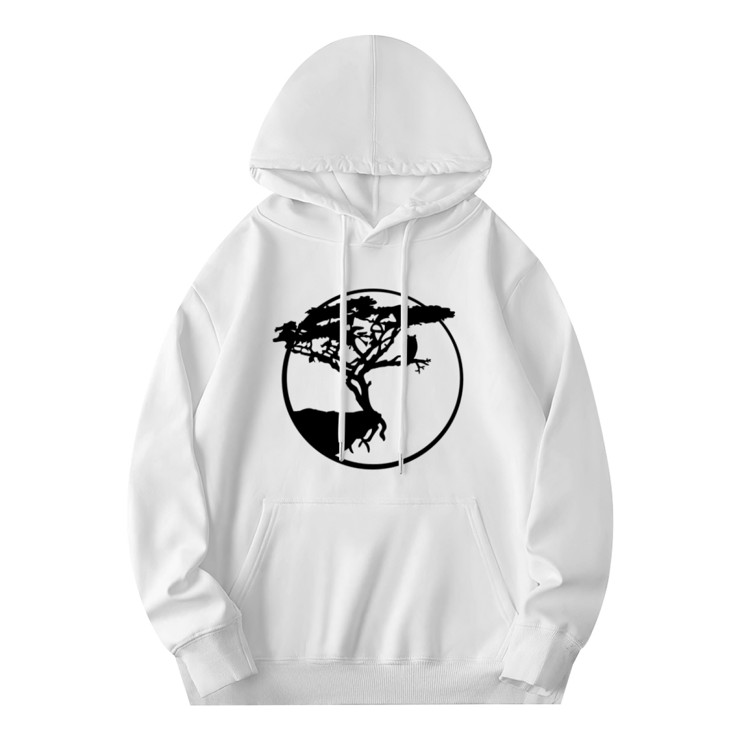 Wild Tree & Owl Circle Silhouette White Hoodie, Relaxed Nature Comfort Hoodie