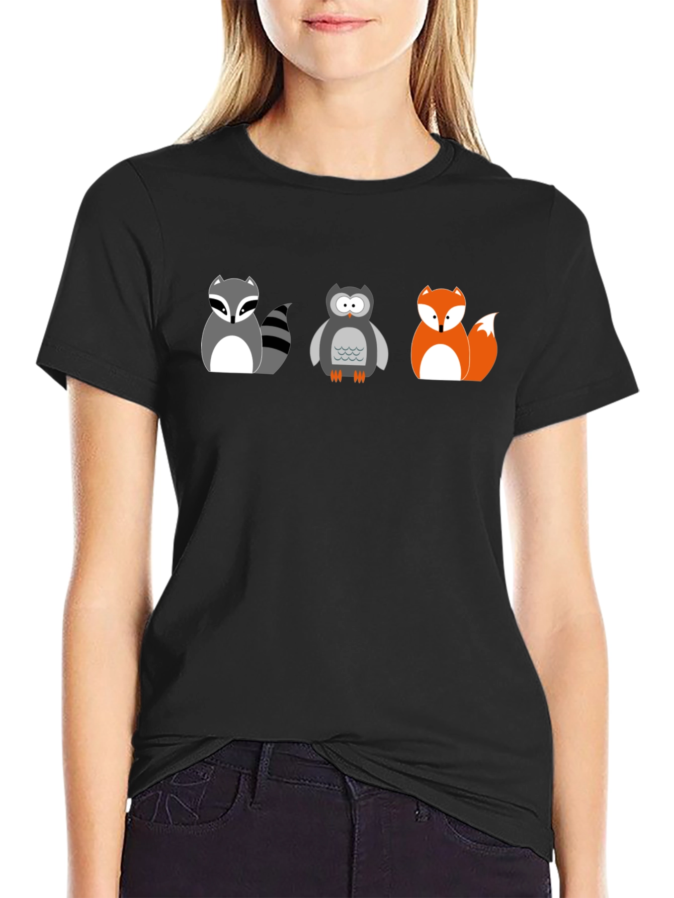 Cartoon Animal T-Shirt: Raccoon Owl Fox