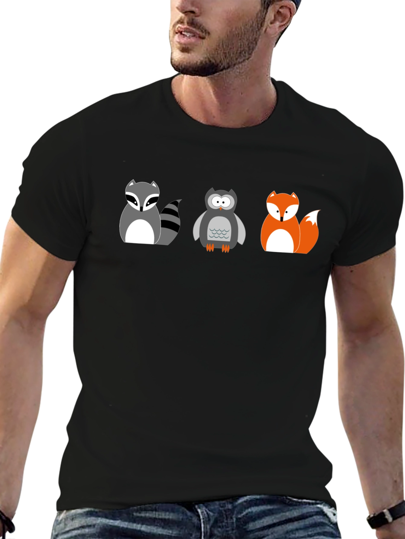 Cartoon Animal T-Shirt: Raccoon Owl Fox