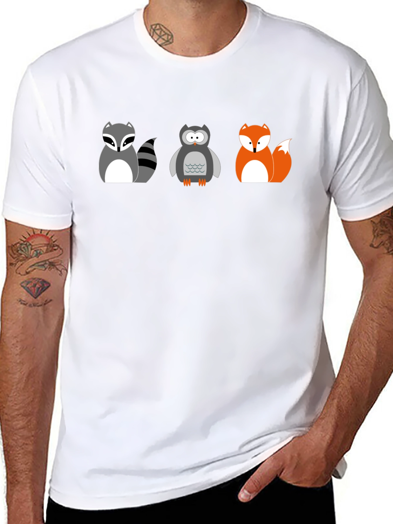 Cartoon Animal T-Shirt: Raccoon Owl Fox