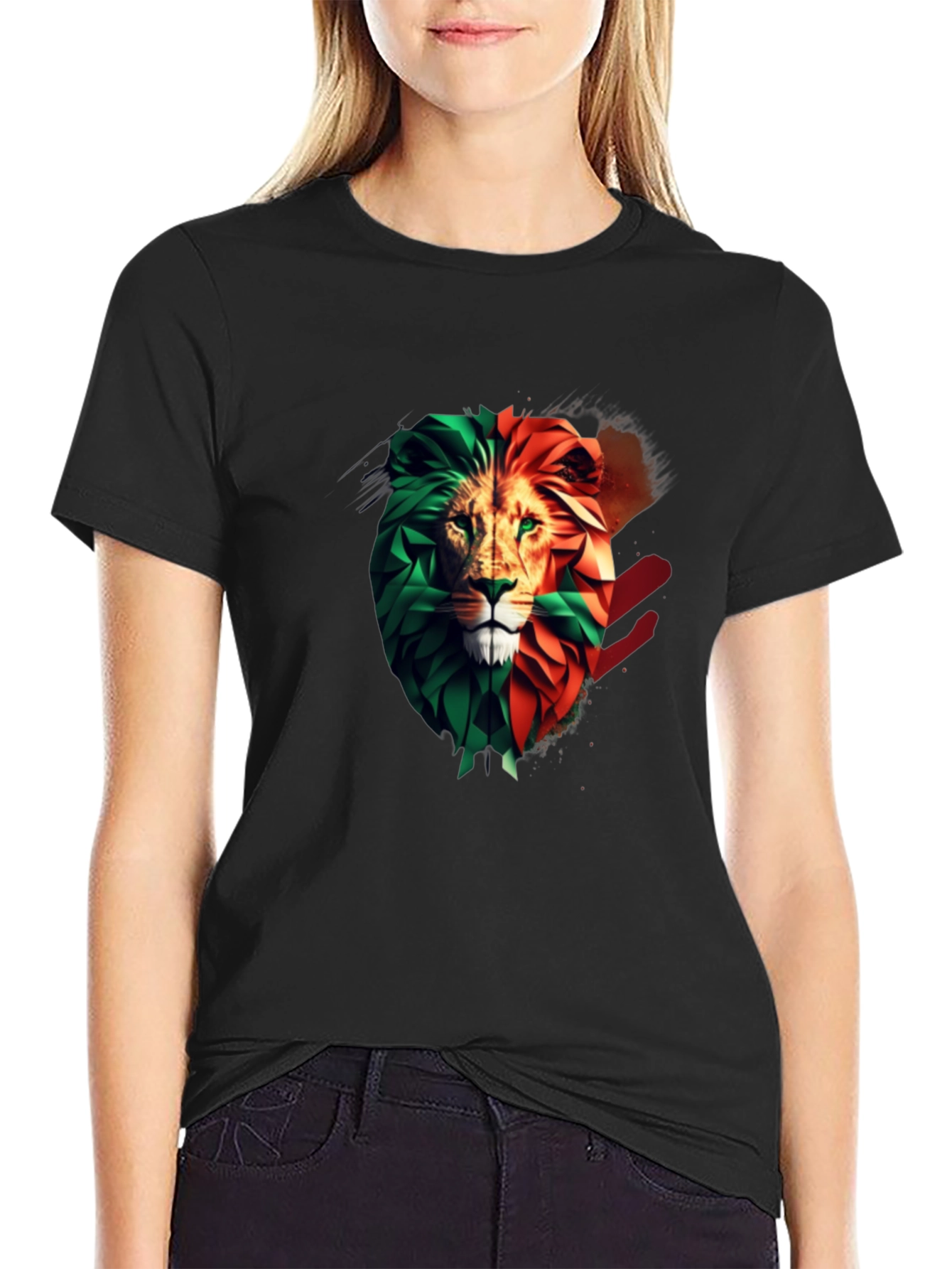 Lion Head Two-Tone Graphic Print T-Shirt