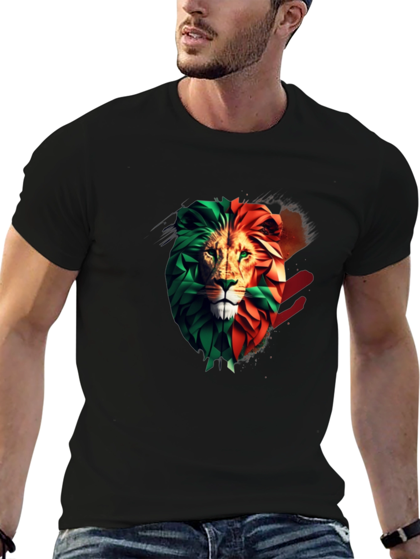 Lion Head Two-Tone Graphic Print T-Shirt