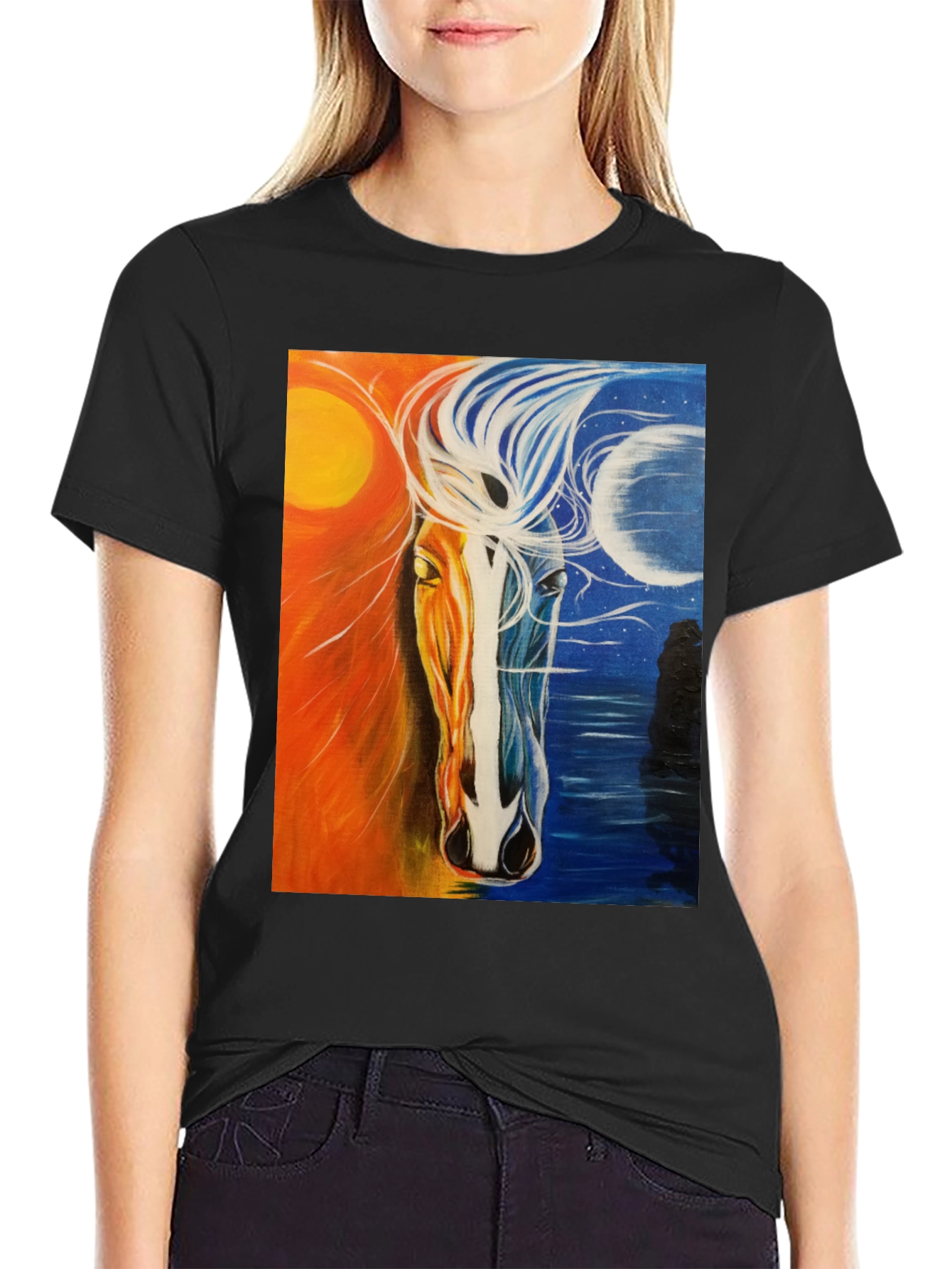 Sun and Moon Horse Graphic Tee - Black
