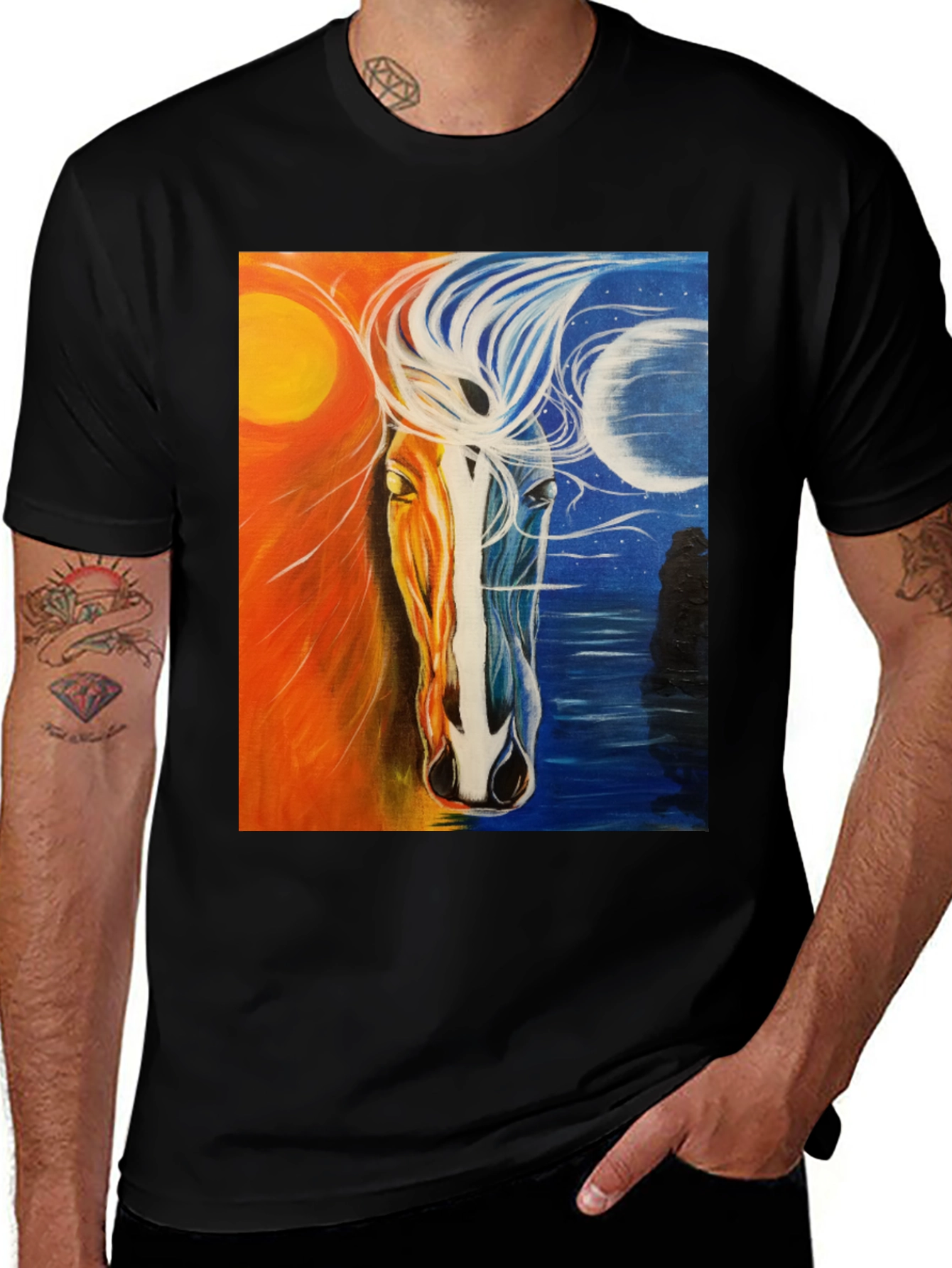 Sun and Moon Horse Graphic Tee - Black