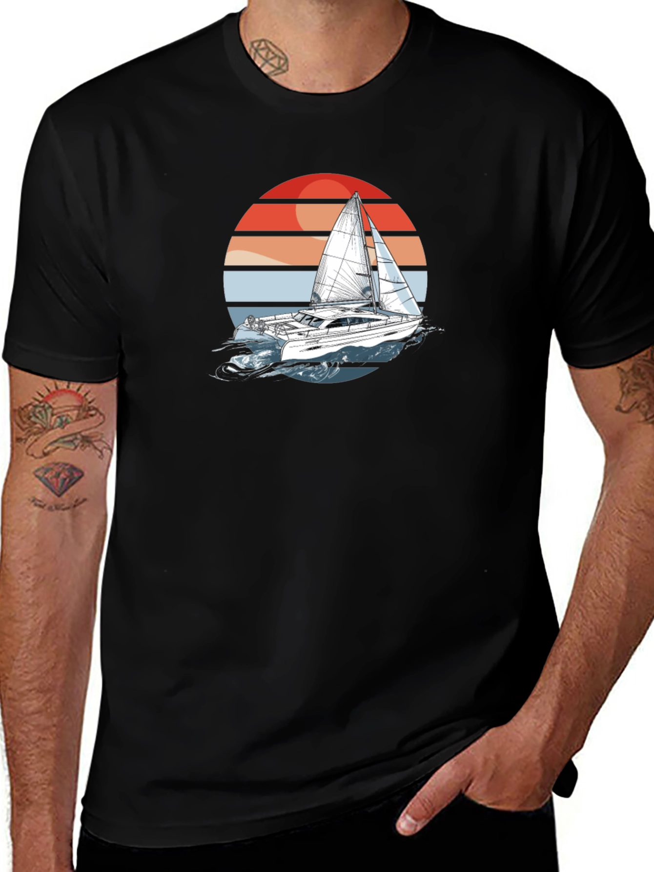 Sailboat Sunset Graphic Tee - Black Cotton T-Shirt
