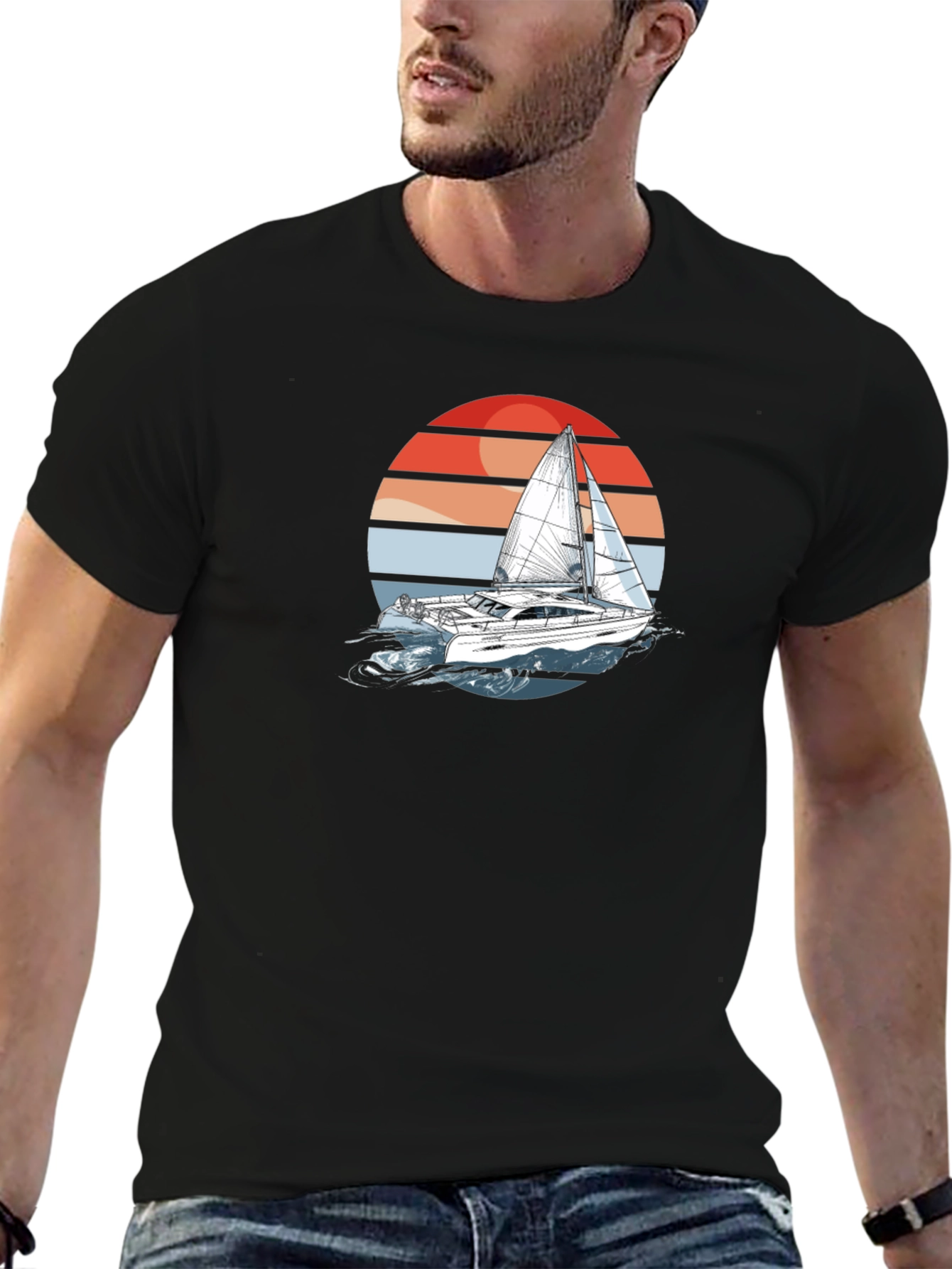 Sailboat Sunset Graphic Tee - Black Cotton T-Shirt