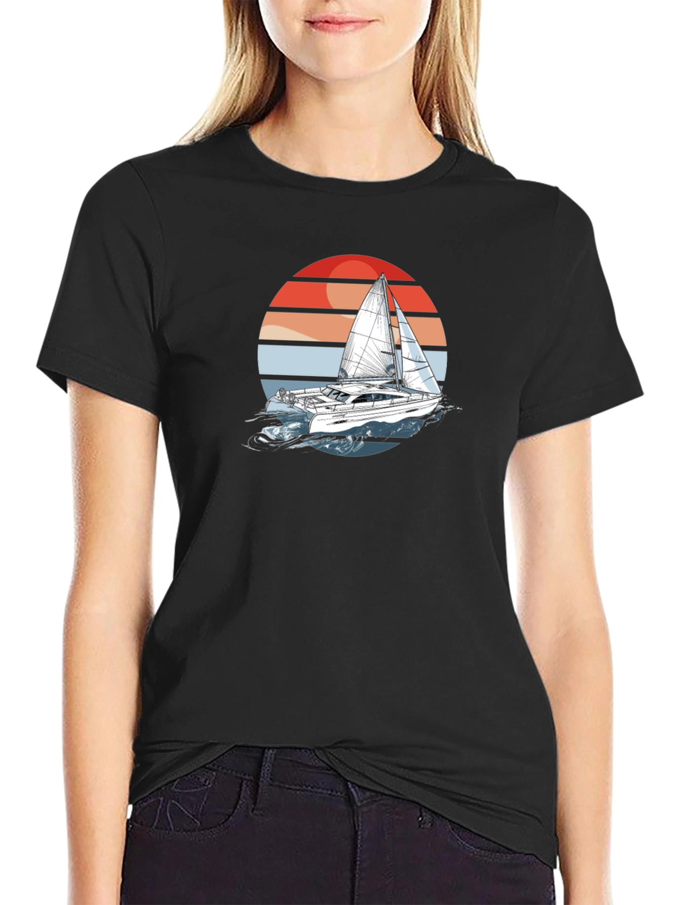 Sailboat Sunset Graphic Tee - Black Cotton T-Shirt
