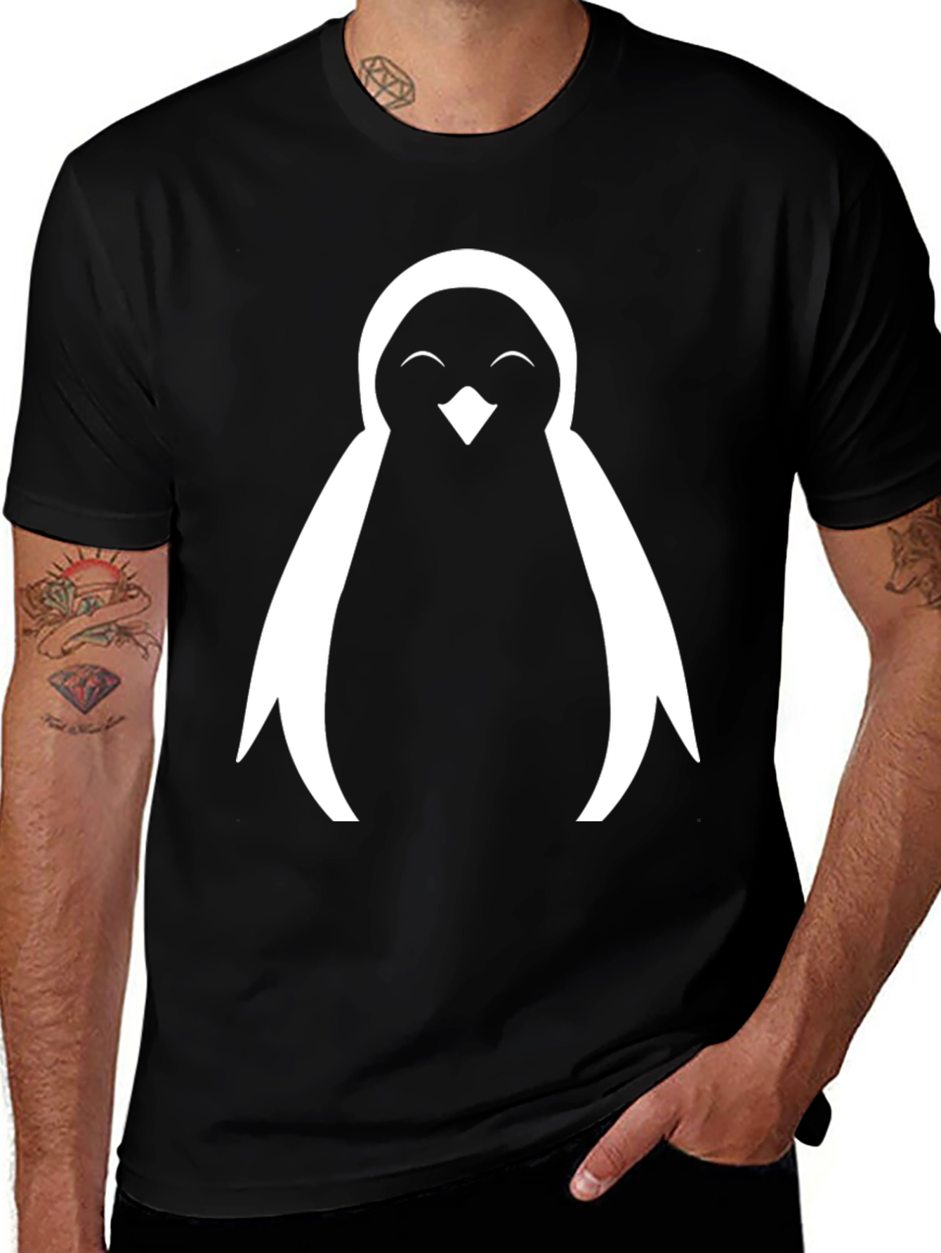 Cute Penguin Graphic Tee - Black Cotton Blend