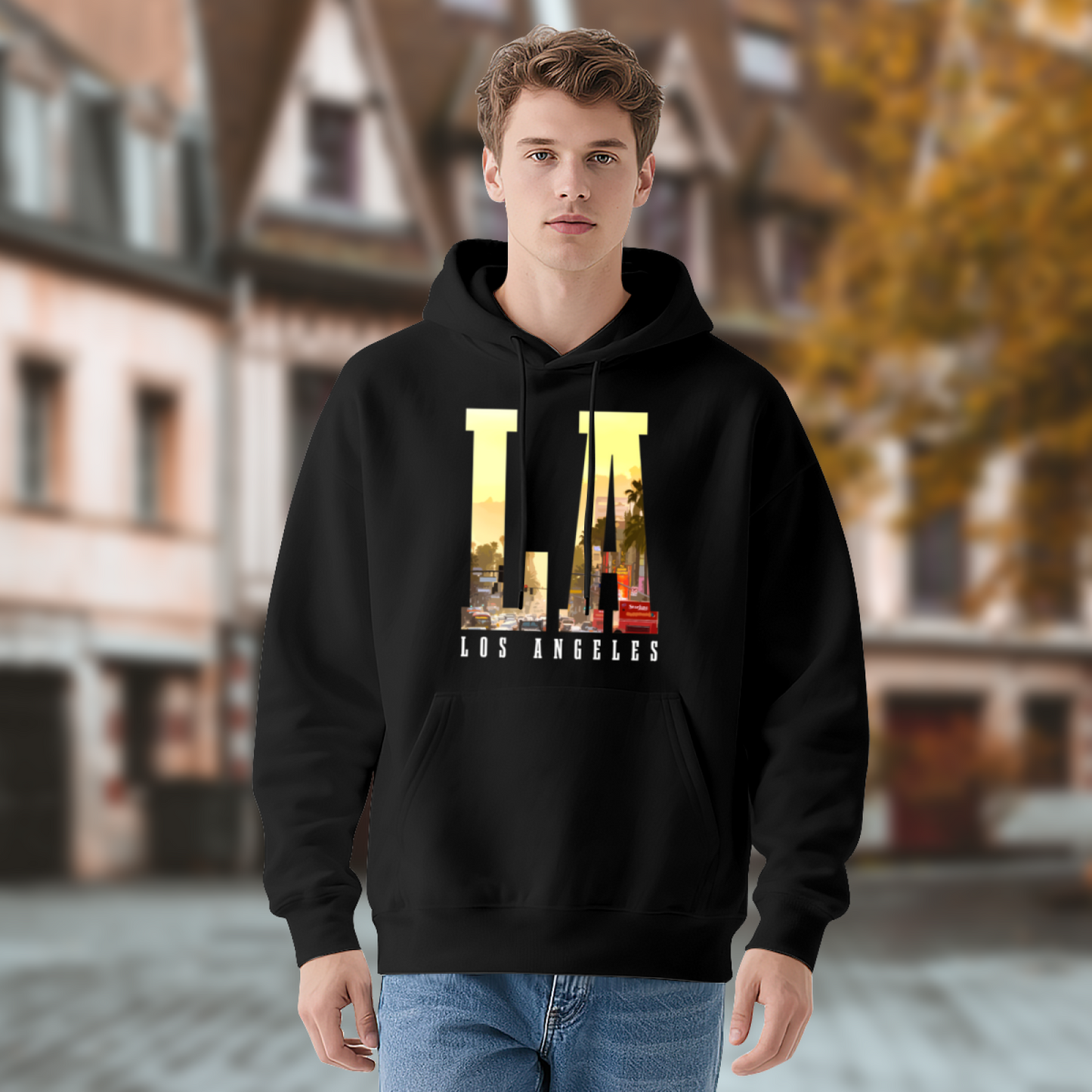 LA City Skyline Letter Black Hoodie, Los Angeles Vibe Soft Unisex Comfort Sweatshirt