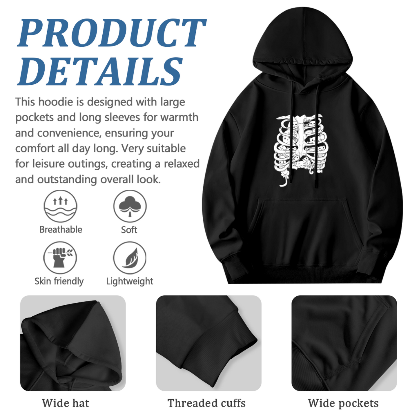 Gothic Skeleton Cat Rib Cage Hoodie, Comfort Dark Style Pullover