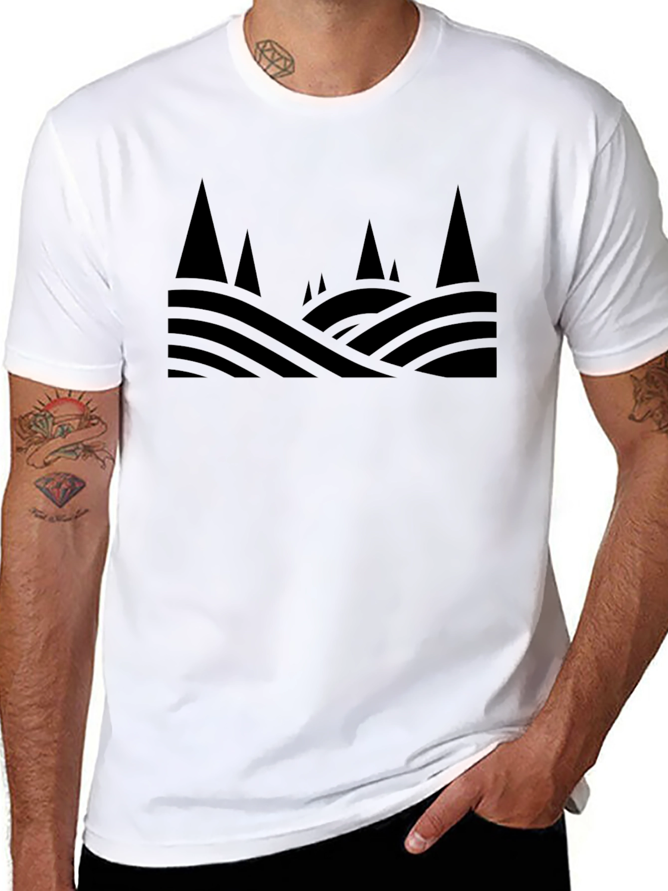 Mens Black Graphic Tee - Abstract Mountain Design