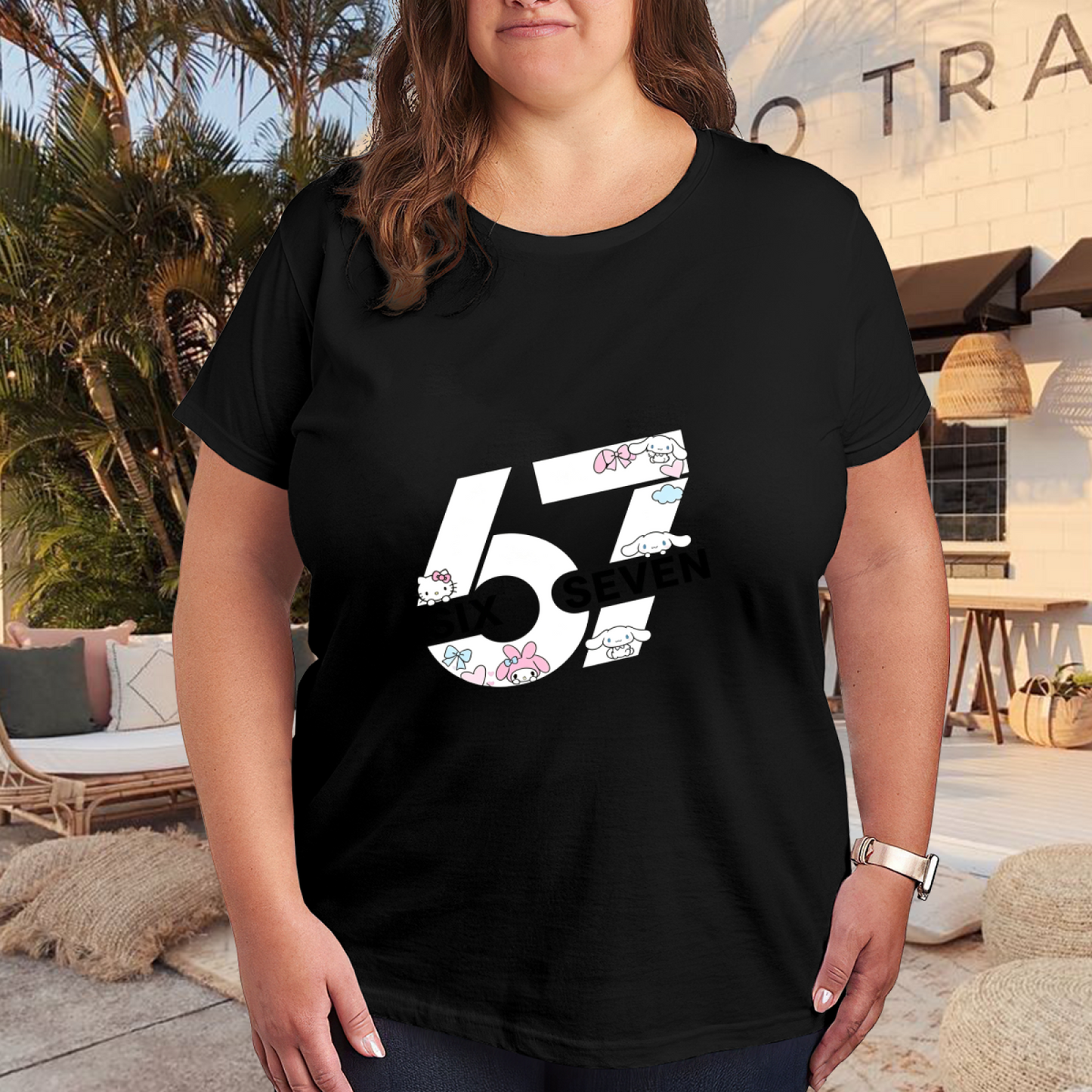 Sanrio Characters Number 57 Stylish Plus?Size Black Women T?Shirt