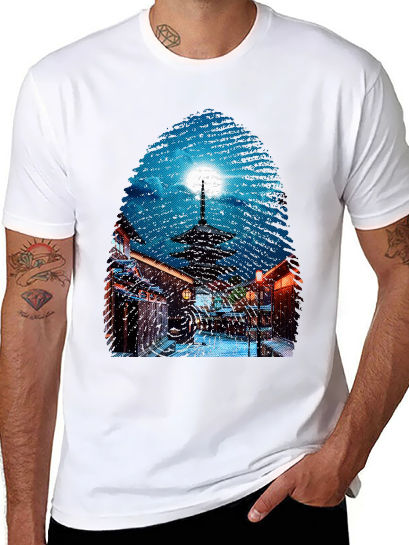 Asian Nightscape Graphic Tee - Black