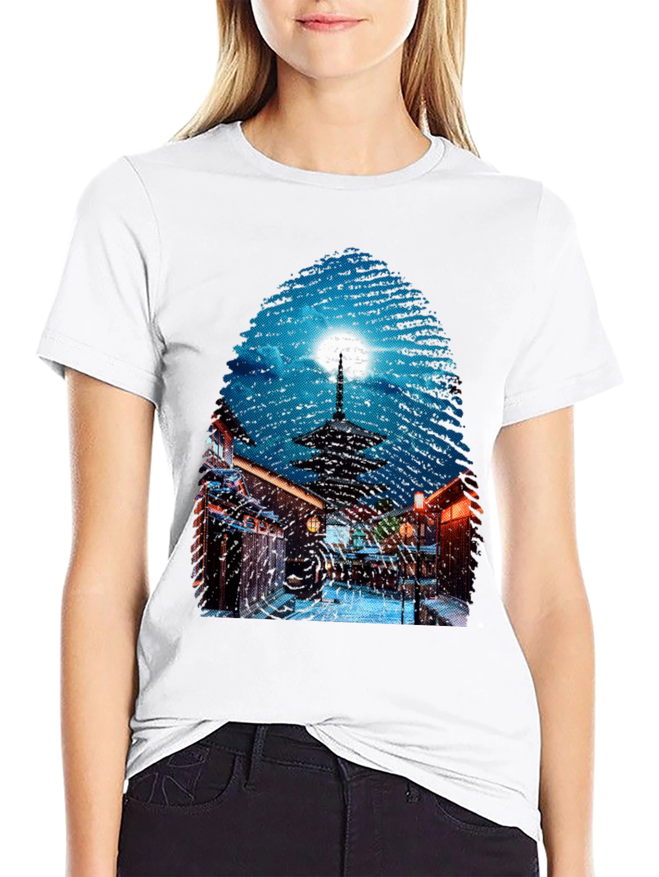 Asian Nightscape Graphic Tee - Black