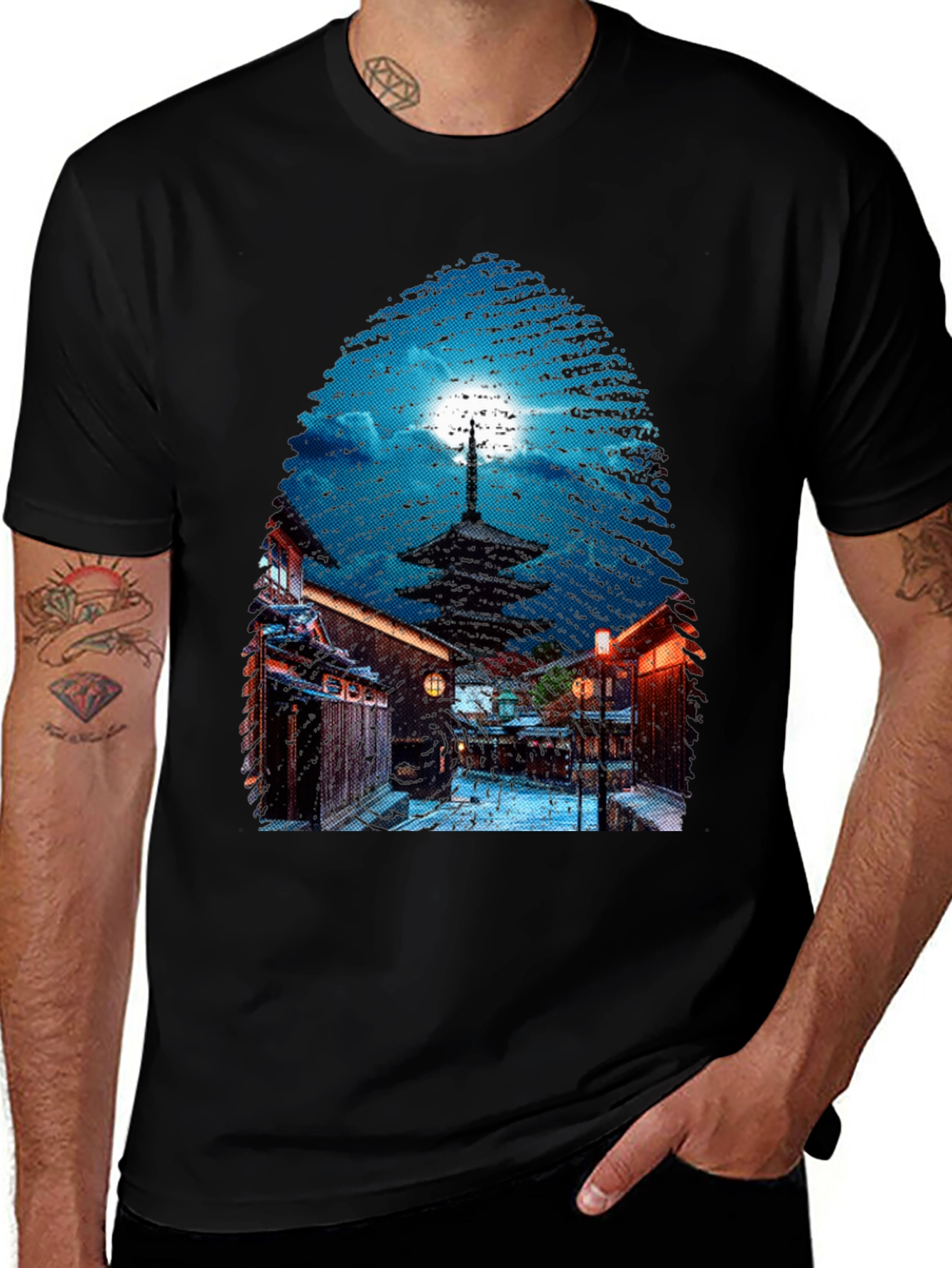 Asian Nightscape Graphic Tee - Black