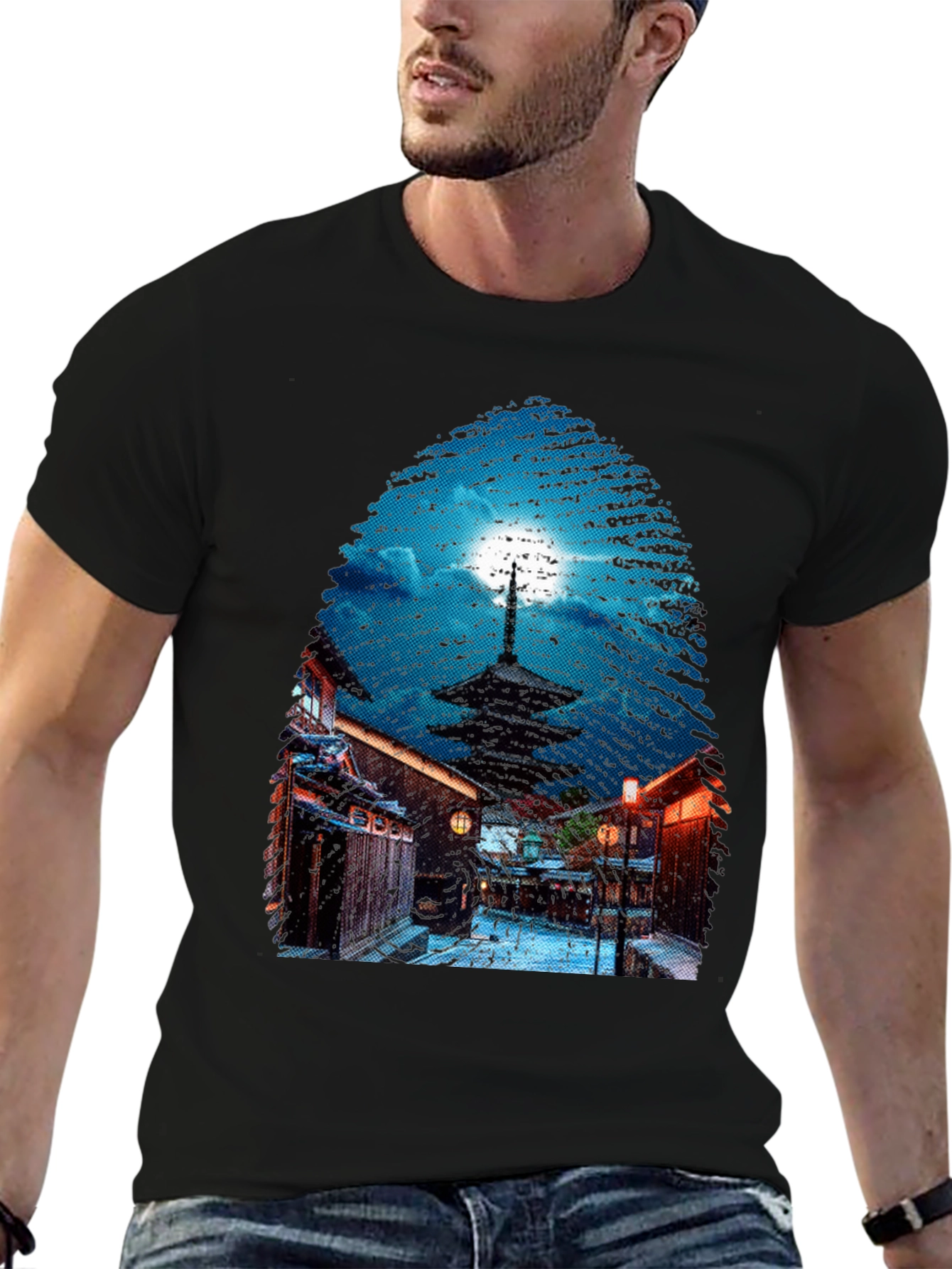 Asian Nightscape Graphic Tee - Black