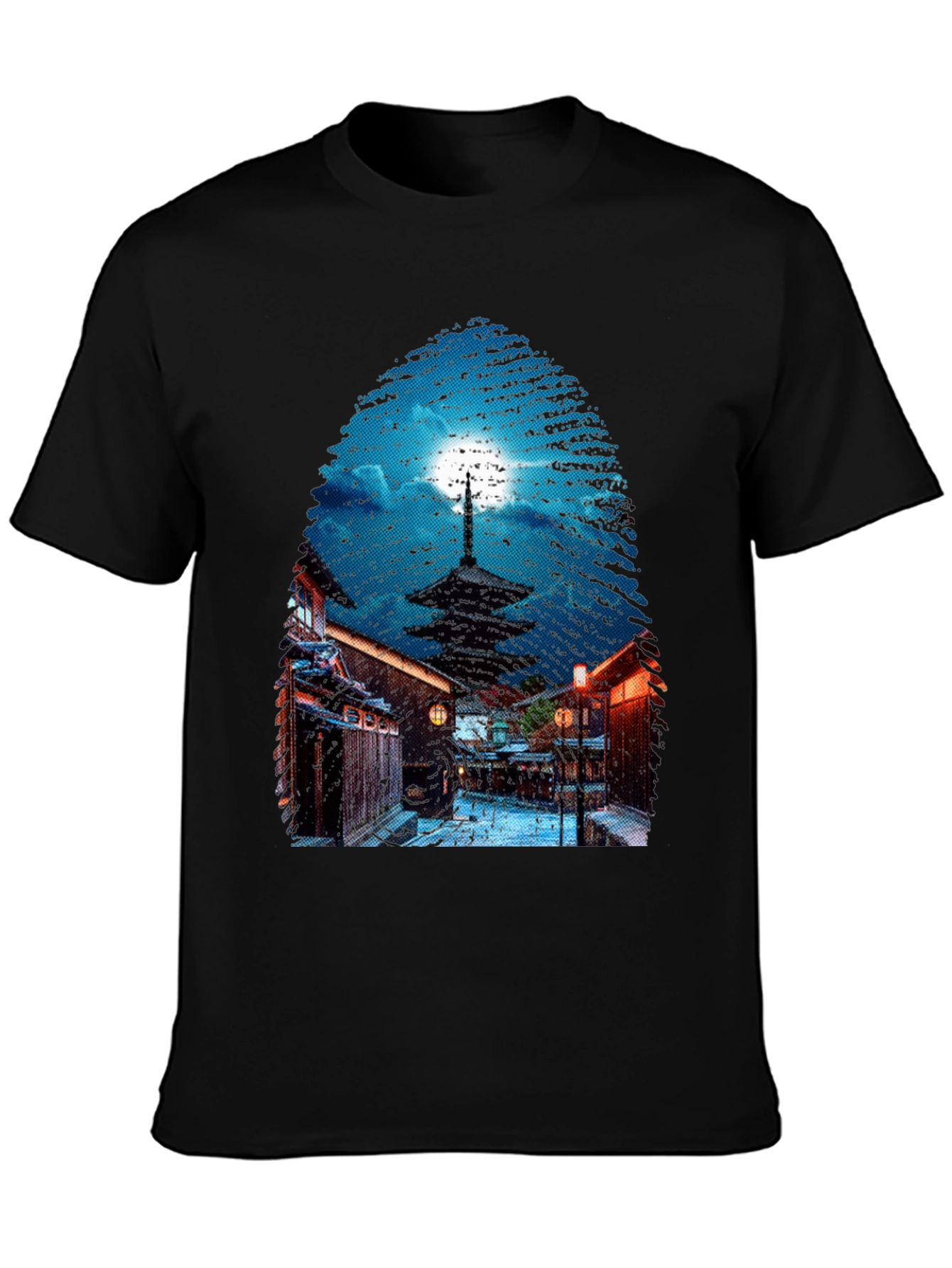 Asian Nightscape Graphic Tee - Black