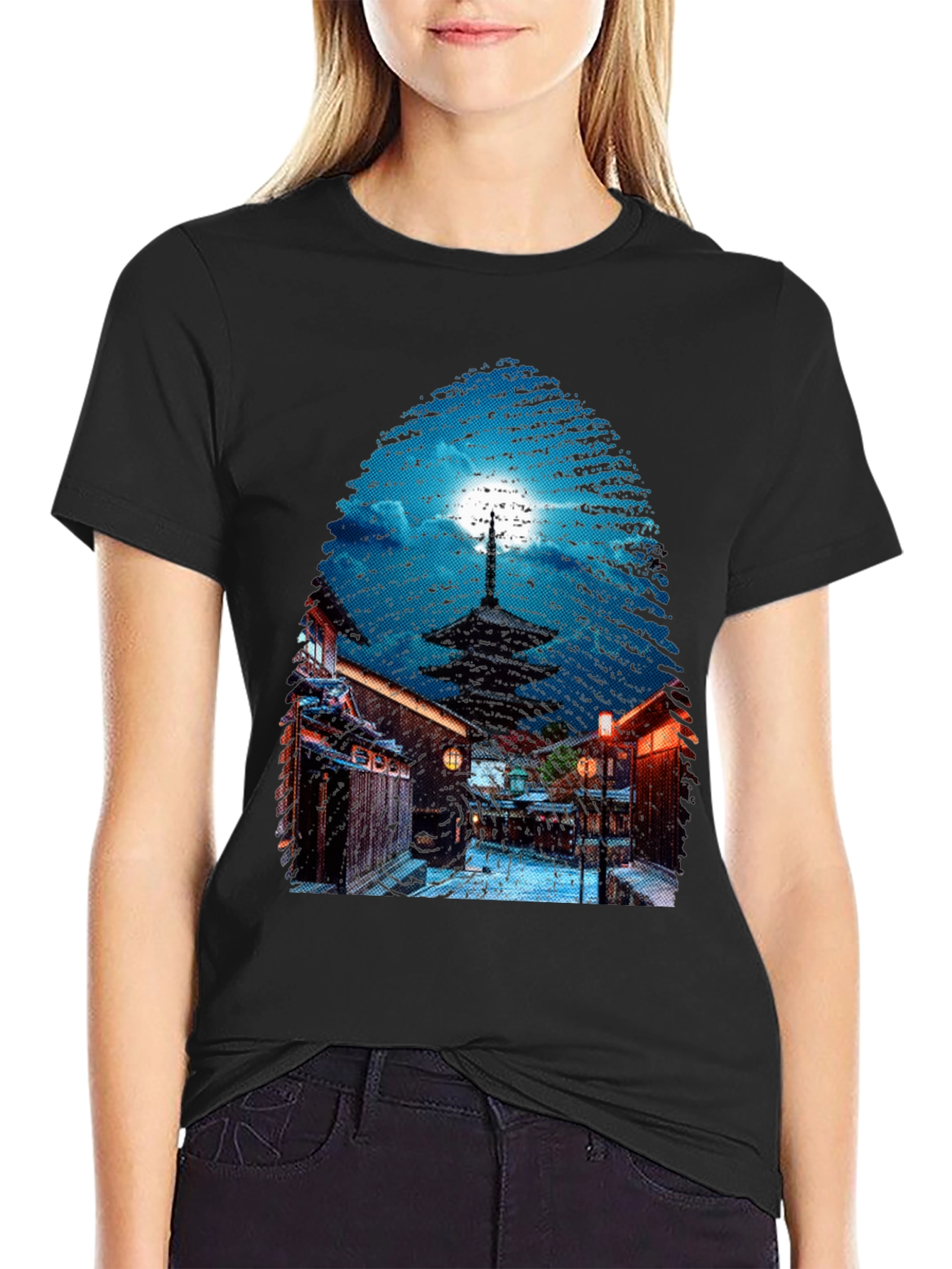 Asian Nightscape Graphic Tee - Black