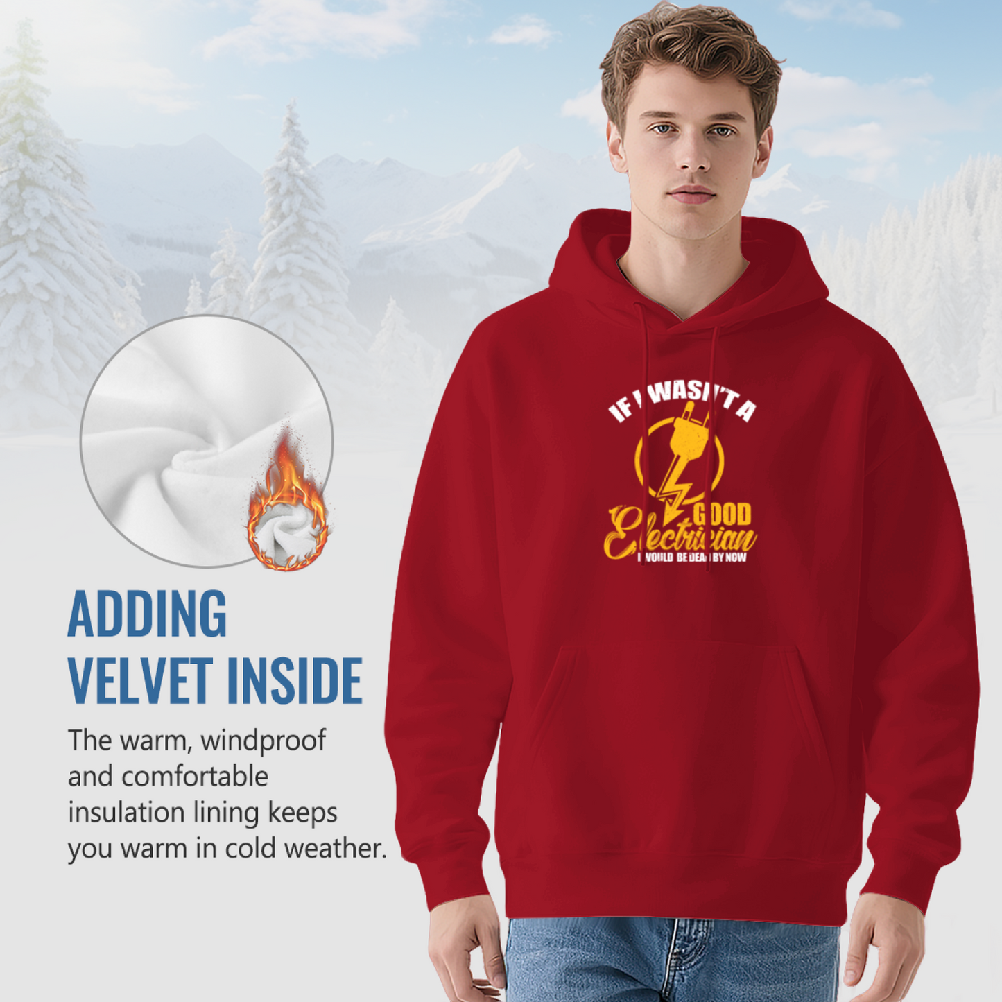Electrician Funny Quote Red Hoodie, Cozy Workwear Casual Long Sleeve Hooded Top