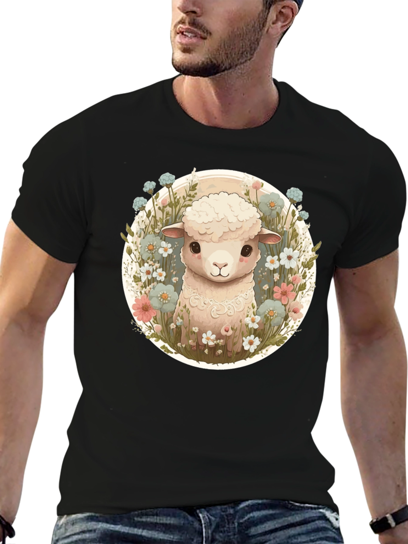 Cute Lamb & Flower Graphic Tee