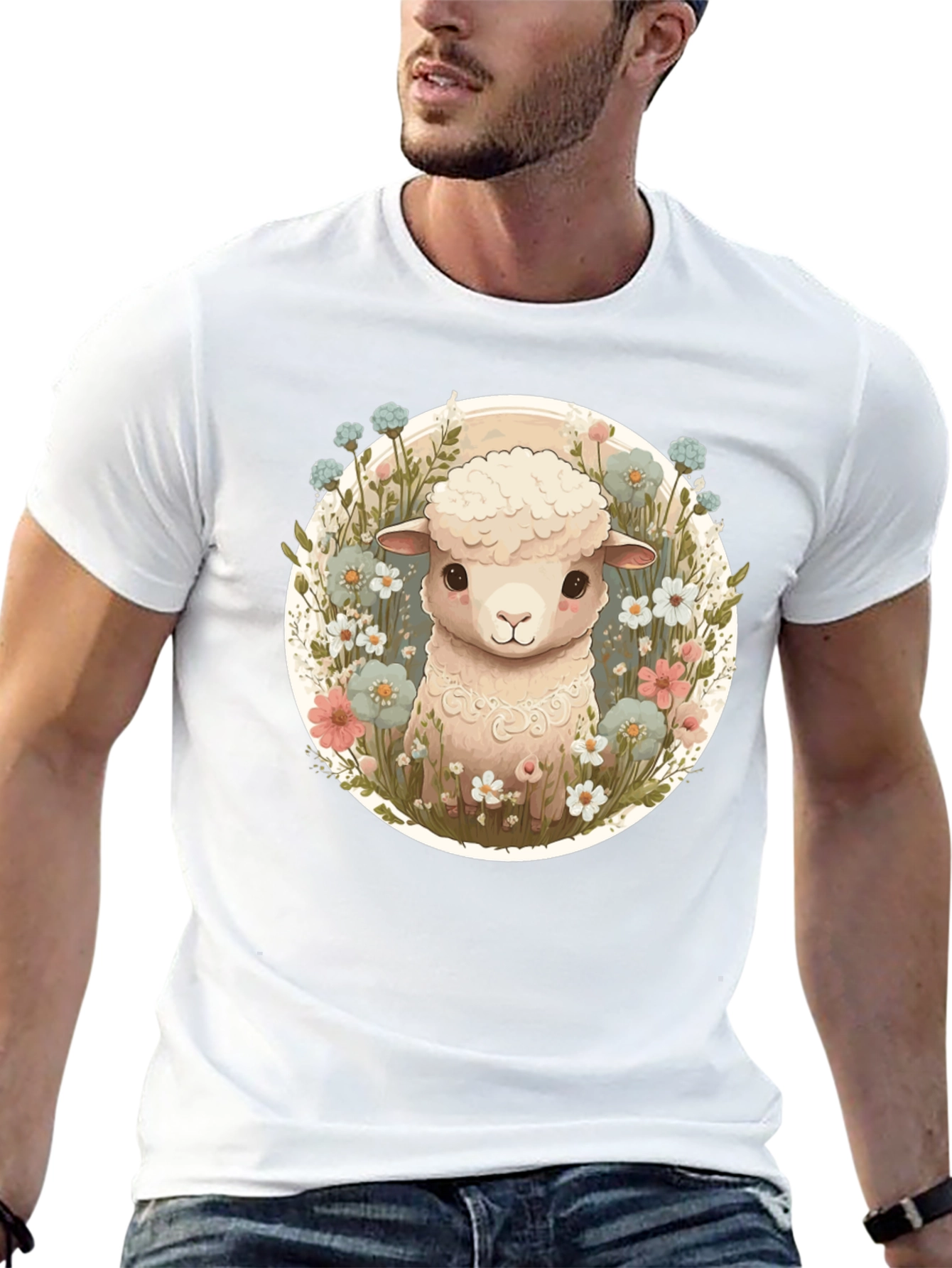 Cute Lamb & Flower Graphic Tee
