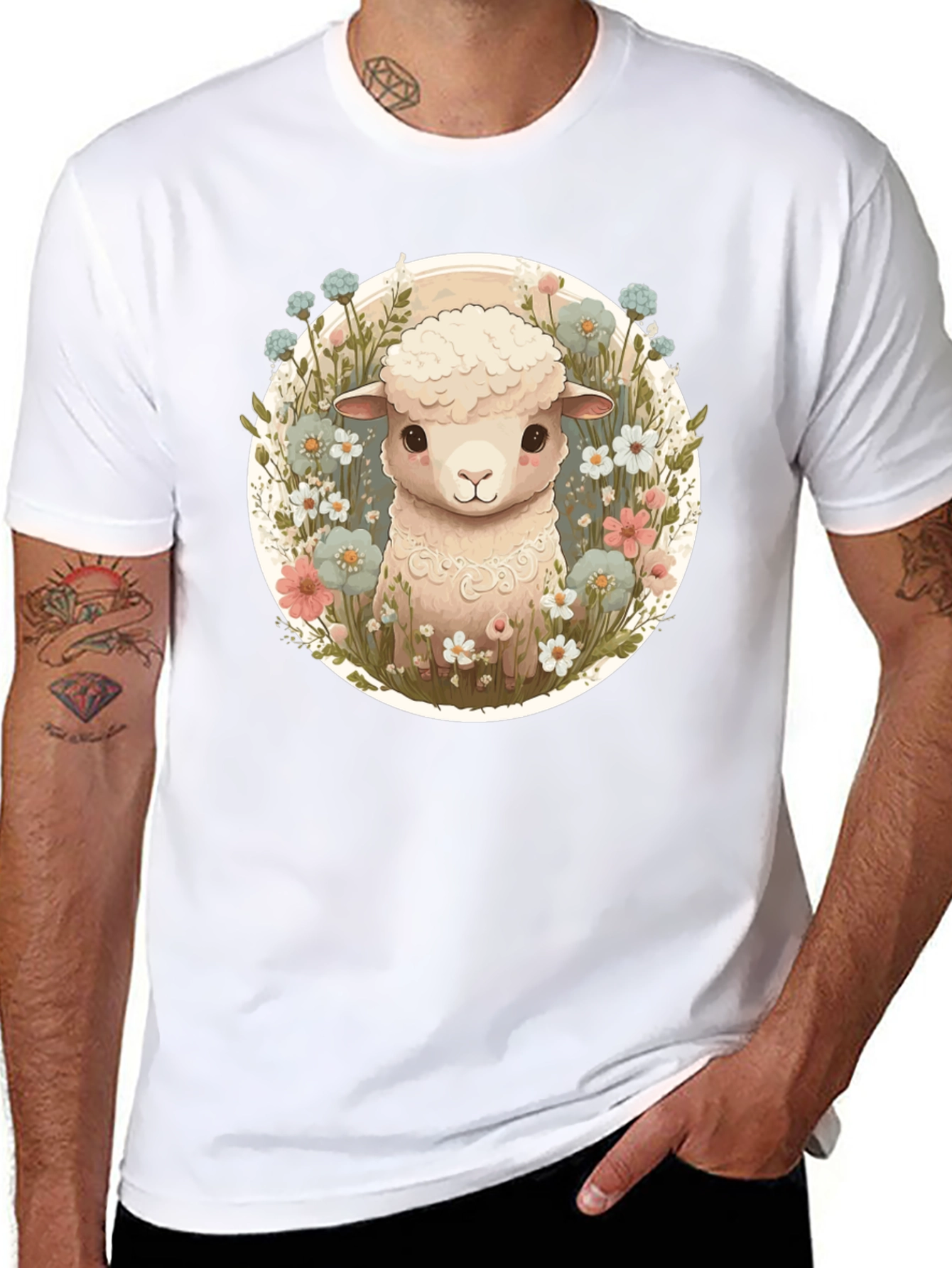 Cute Lamb & Flower Graphic Tee