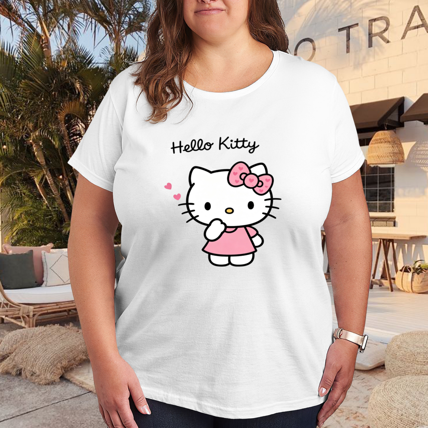 Plus Size Women Lovely Blowing?Kiss Hello Kitty Ladies Short Sleeve Tee