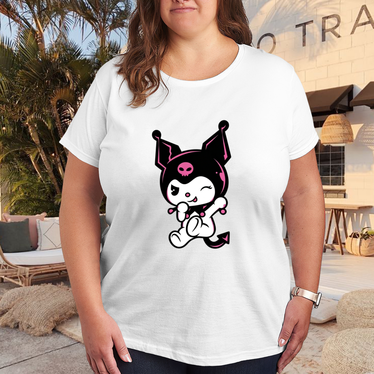 Plus Size Women Playful Wink Kuromi Devil Cartoon Plus?Size Ladies Tee