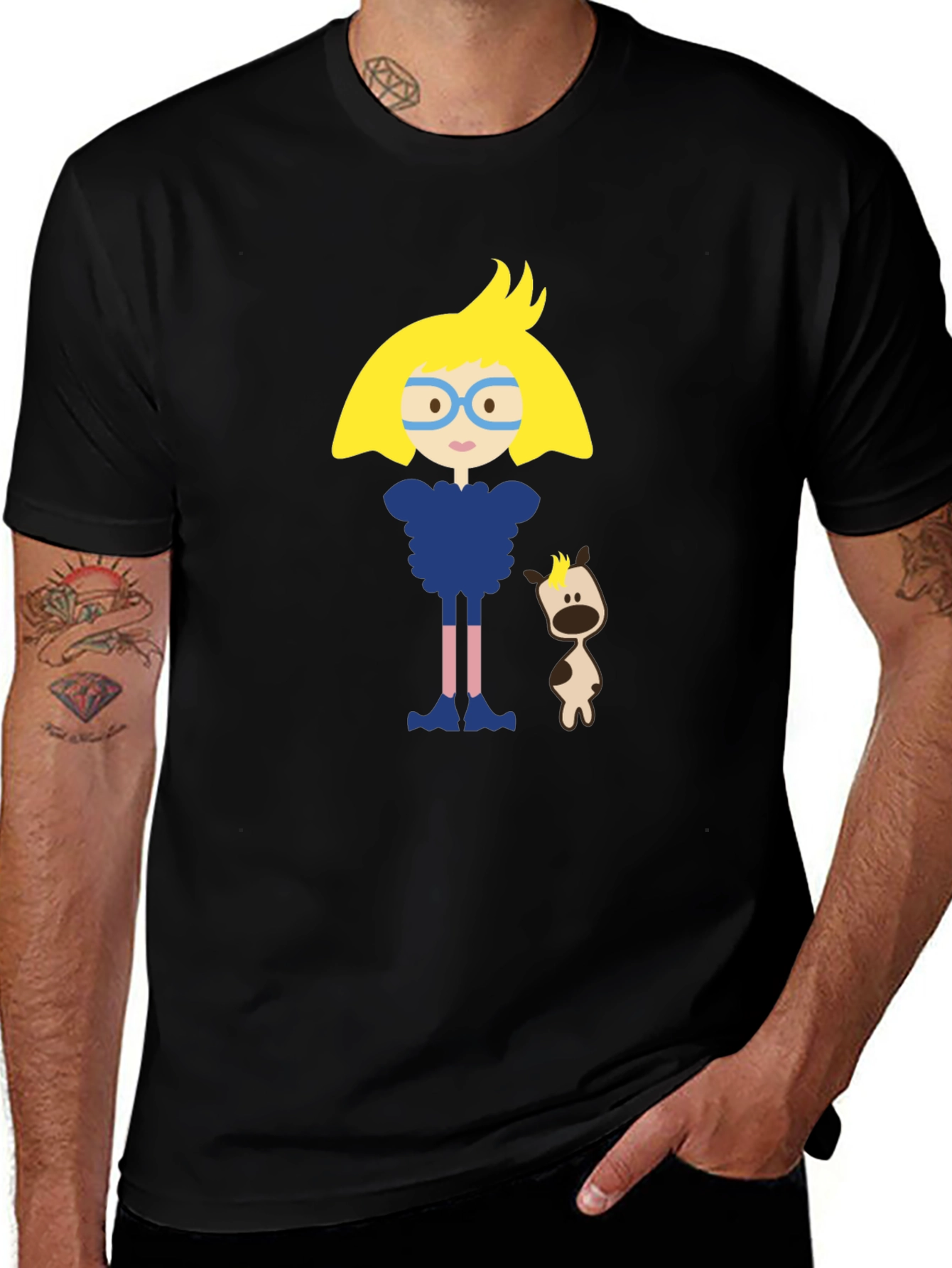 Cartoon Character Black Cotton T-Shirt
