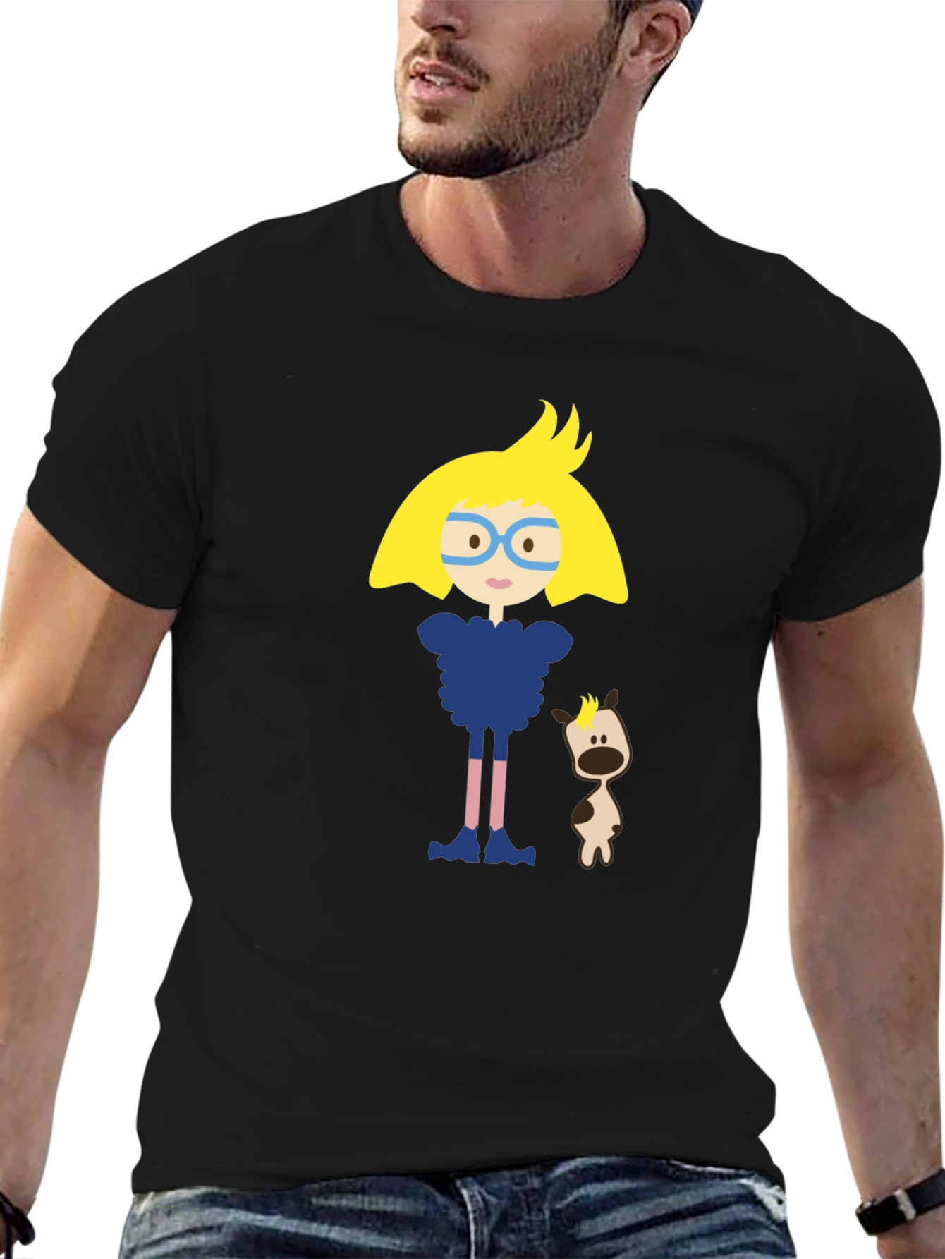 Cartoon Character Black Cotton T-Shirt