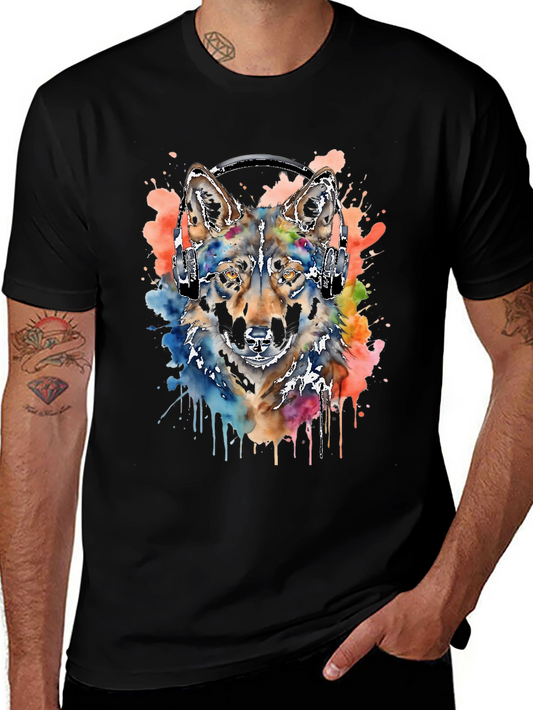 Wolf Headphone T-Shirt: Watercolor Style