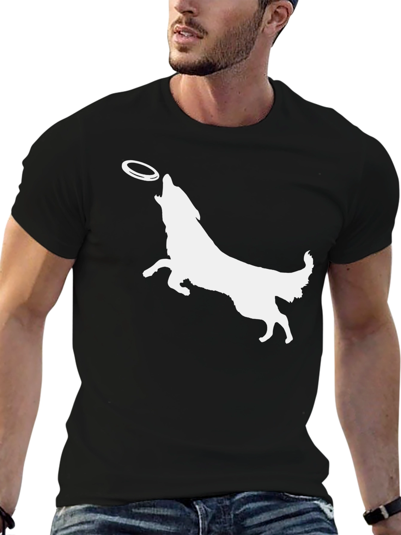 Dog Catching Frisbee Graphic Tee - Black