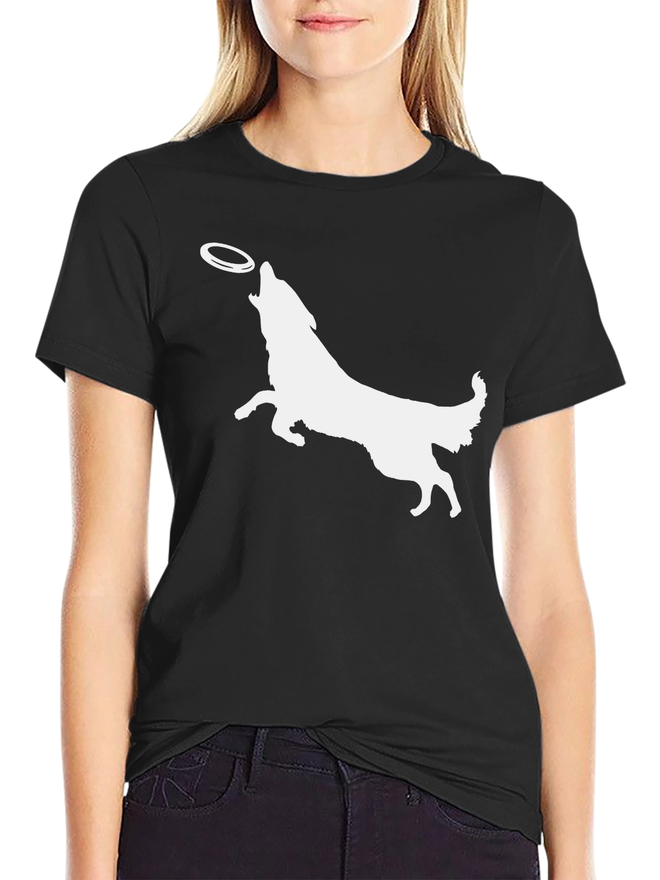 Dog Catching Frisbee Graphic Tee - Black