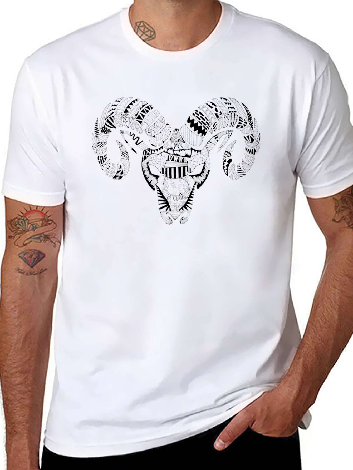 Tribal Ram Skull Graphic Black T-Shirt