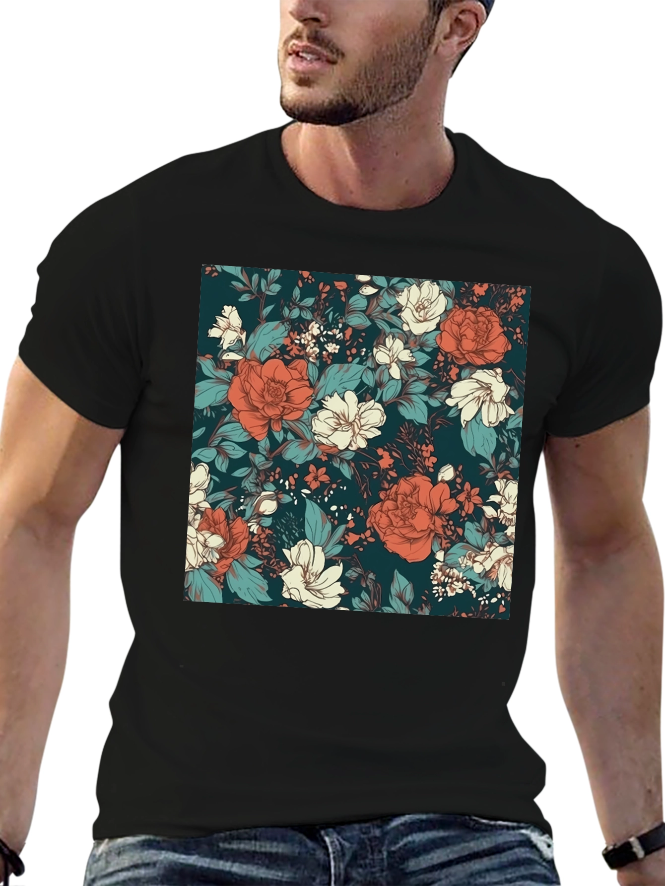 Floral Print Black T-Shirt - Elegant Style