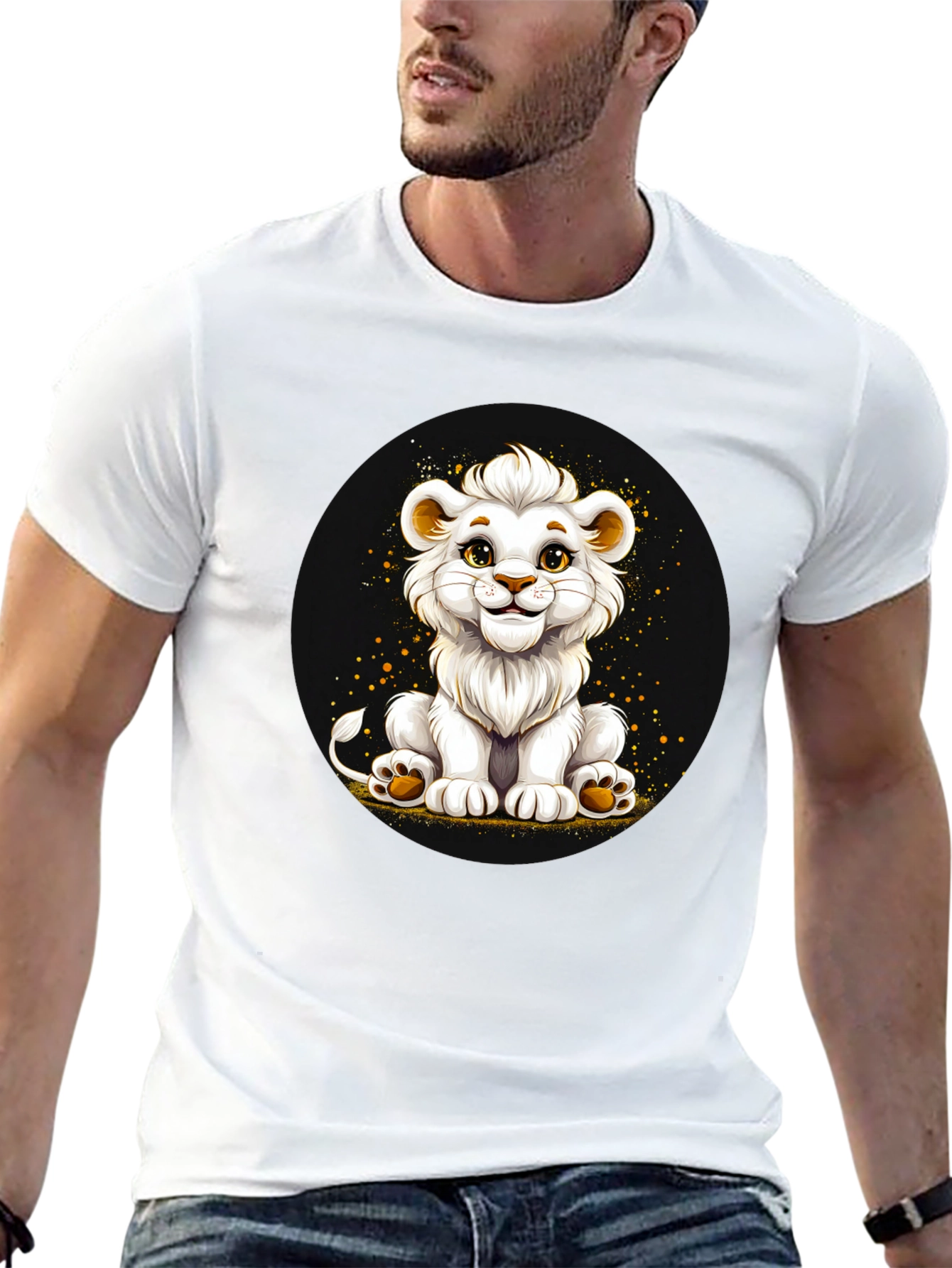 Cute White Lion Cub Graphic Black T-Shirt